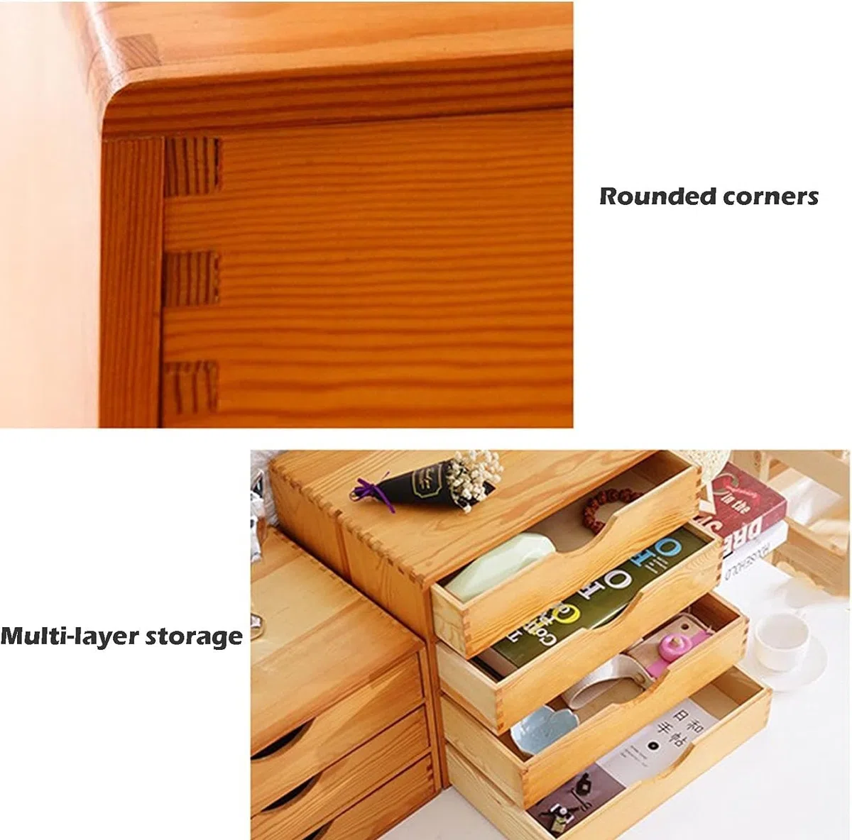 Organizador de escritorio de madera de pino rústico con cajón para archivos A4, suministros de oficina y papelería