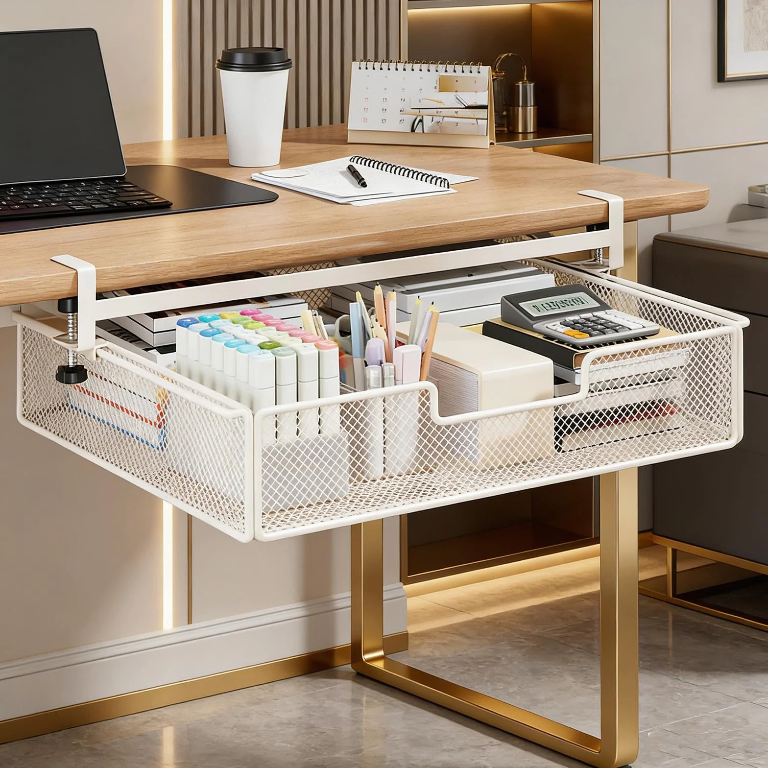 Cajón Bajo Mesa Organizador Estante Colgante Metálico Diseño Deslizante Capacidad Ampliada Adecuado para Oficina Cocina Habitación Armario Despensa Es, White L