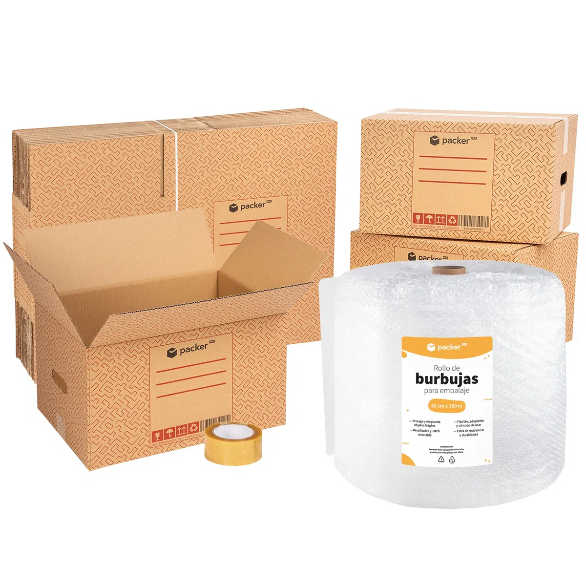 packer PRO Rollo Plastico Burbujas Embalaje 50cm Ancho y 100m Longitud, 10 Cajas de Carton (60x40x40cm) y Cinta de Embalaje (50mm x 120m)