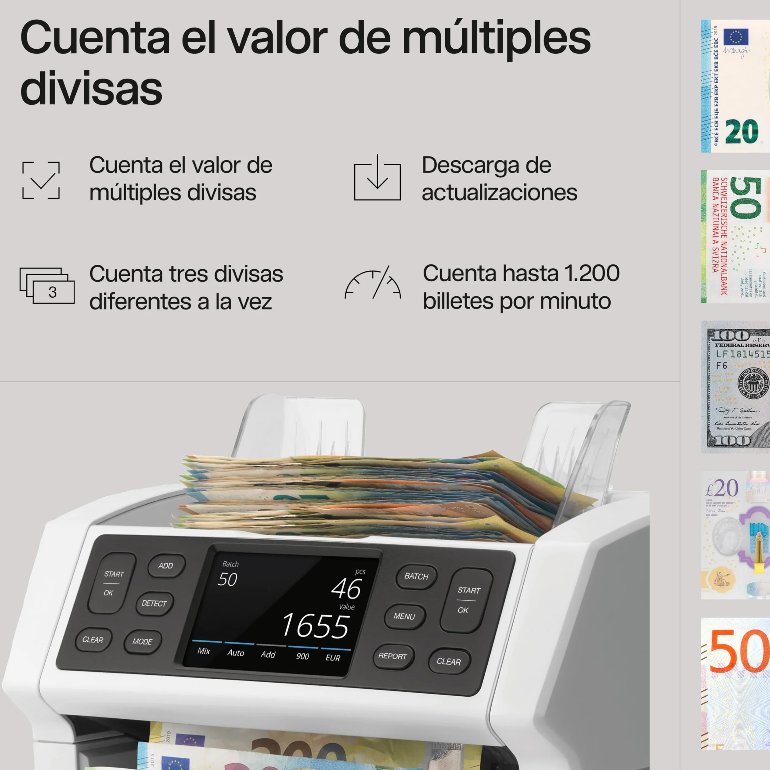 Safescan 2865-S Contadora de billetes detectora de falsos 7 puntos interfaz multilingüe