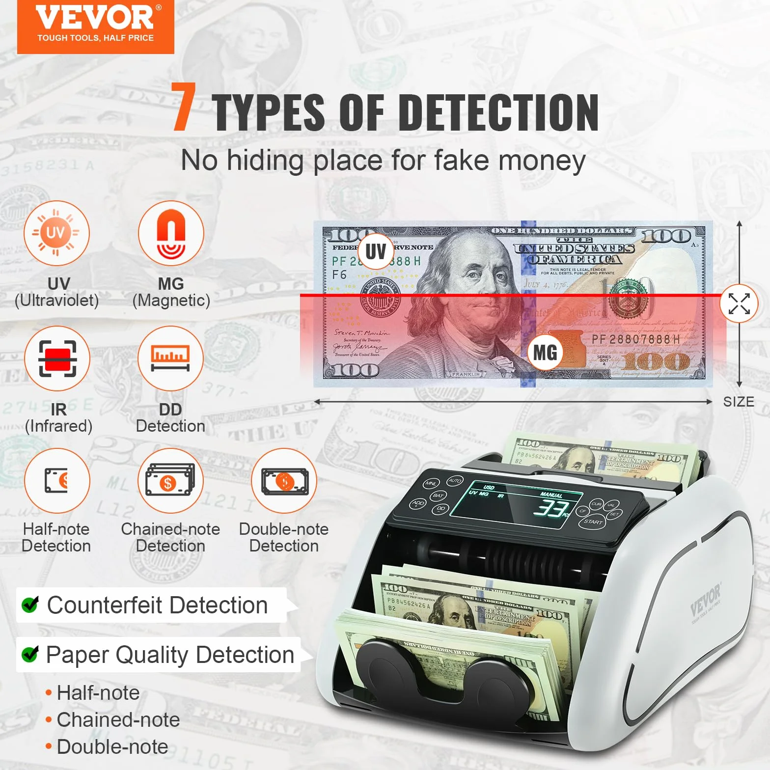 VEVOR Contador de Dinero Contador de Billetes con Detección de Falsificaciones UV, MG, IR y DD, Máquina Contadora de Efectivo en USD y EUR con LCD Grande y Pantalla Externa para Pequeñas Empresas