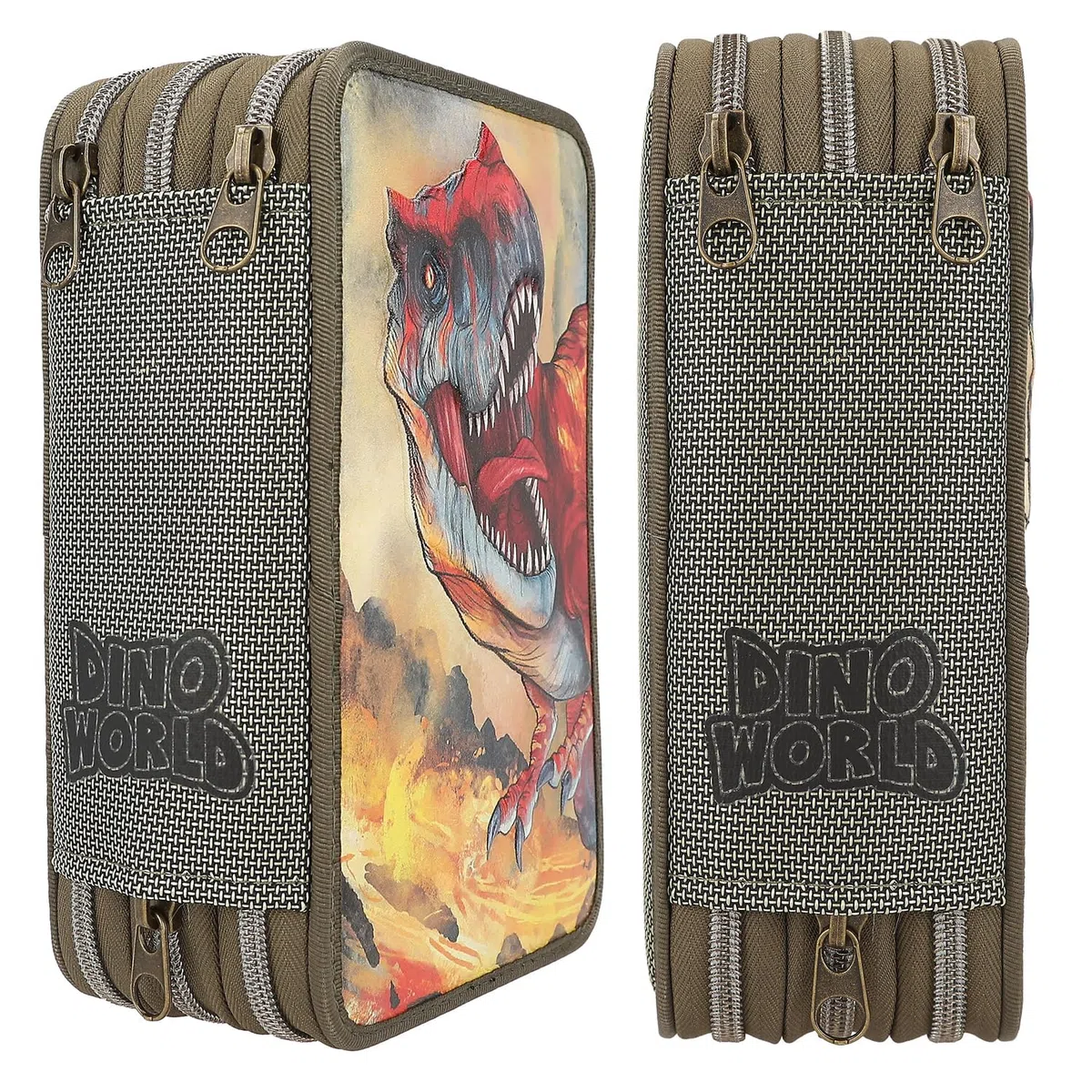 Depesche 13135 Dino World – Estuche Relleno de 3 Compartimentos en Verde Oliva, diseño con Efecto 3D, Estuche con lápices de Colores, Regla, Tijeras, etc.