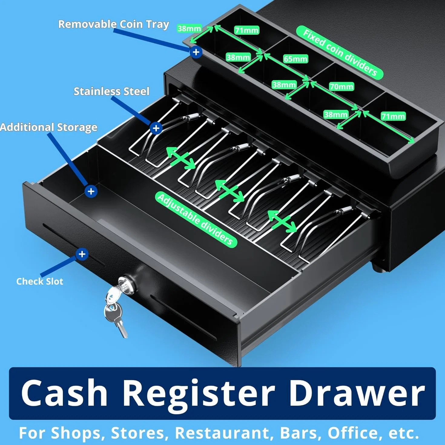 Mini Cajón Caja Registradora Pequeño, Apertura Manual Pulsando Panel Frontal y Llave, Inserto para Efectivo 4 Billetes y 8 Monedas (Euro), 33x35 cm (Negro)