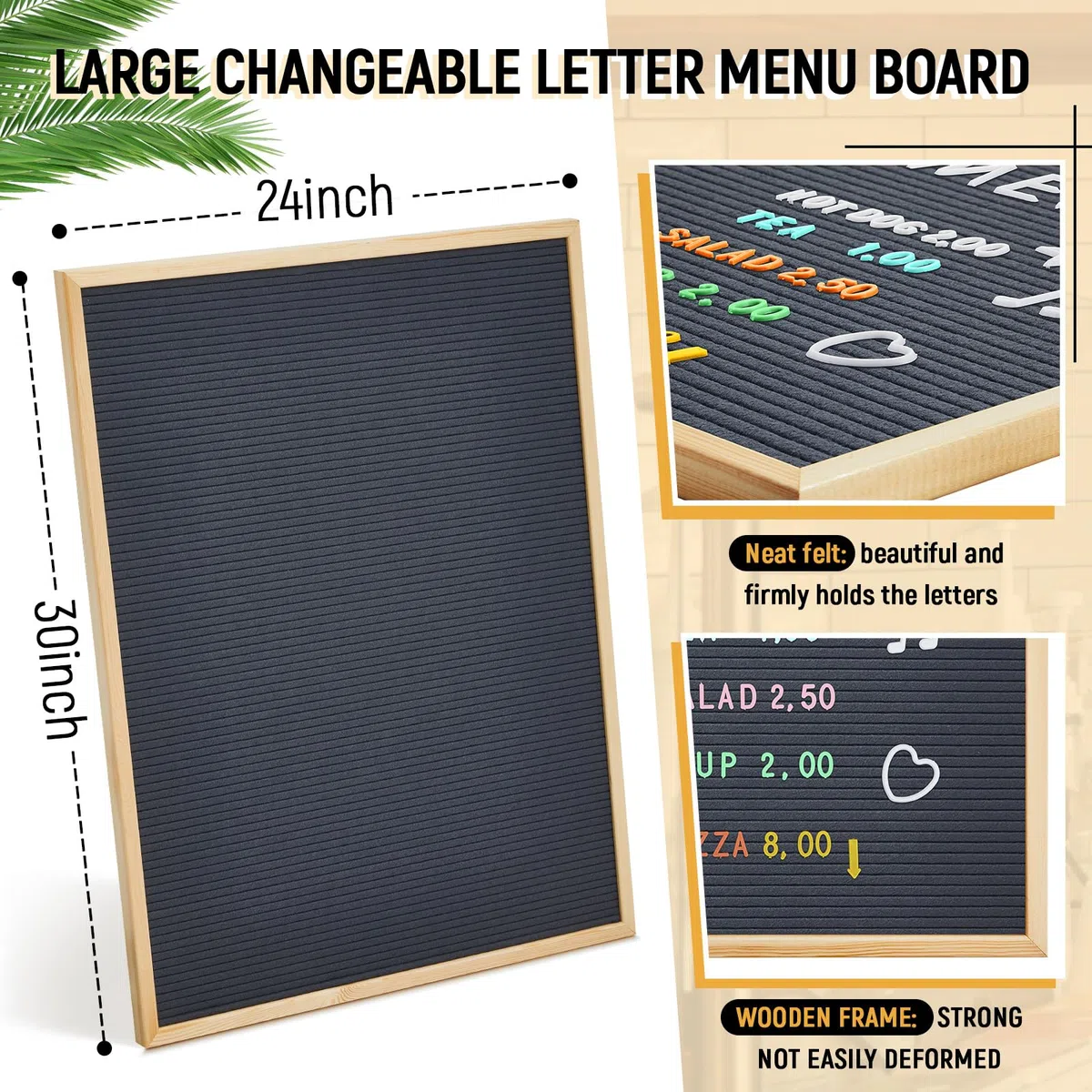 BBTO Letrero grande de fieltro de 24 x 30 pulgadas, tablero de letras intercambiable con cajas, menú de fieltro grande para anuncios de restaurantes, menús de restaurante