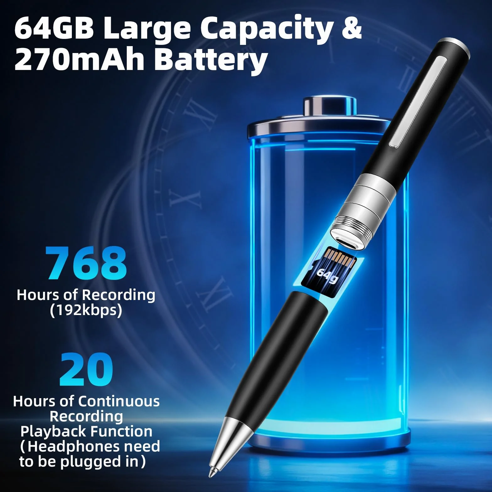 Pluma Grabación de Voz 64 GB - Grabadora de Voz Espía Automática Continua con Activación Rotativa para Reuniones, Cursos, Entrevistas Negro
