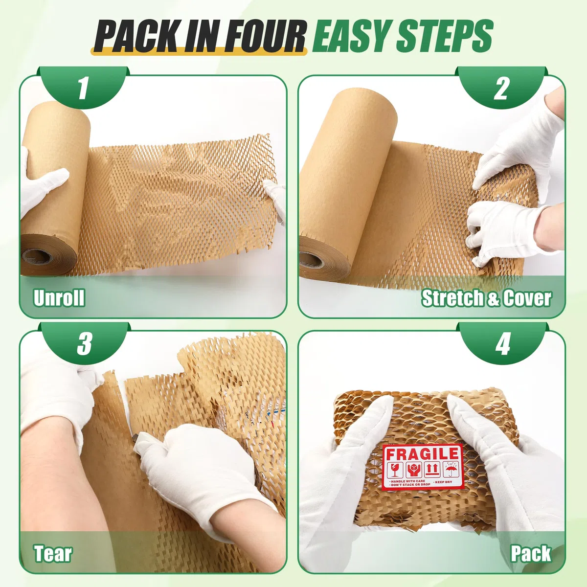 Papel de embalaje ecológico de panal de abeja de 12 x 300 pies (certificado FSC) + 40 calcomanías y cortador de seguridad, alternativa reciclable de envoltura de burbujas para mudanzas, correos