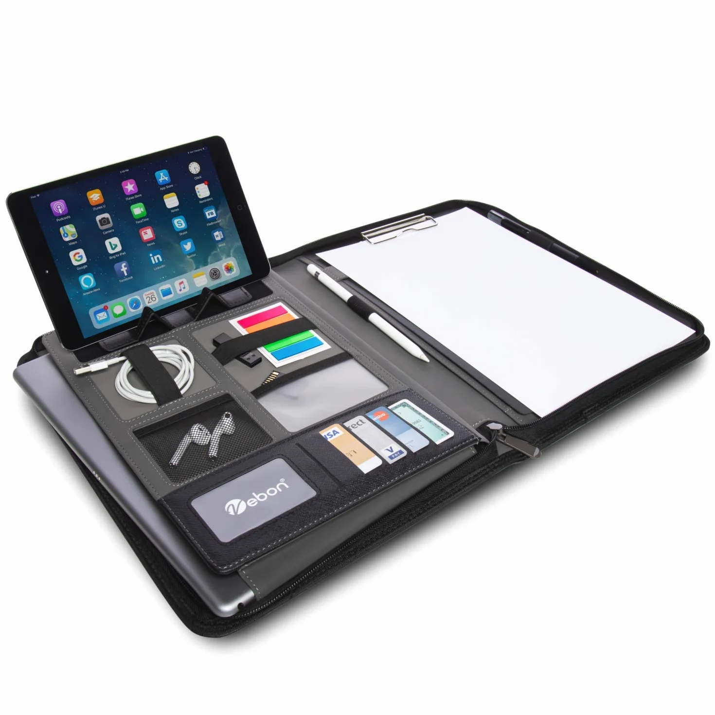 Vebon London Carpeta para documentos, tamaño A4, piel vegana, con cremallera, 2 en 1, carpeta y bolso para portátil, soporte para smartphone, negro