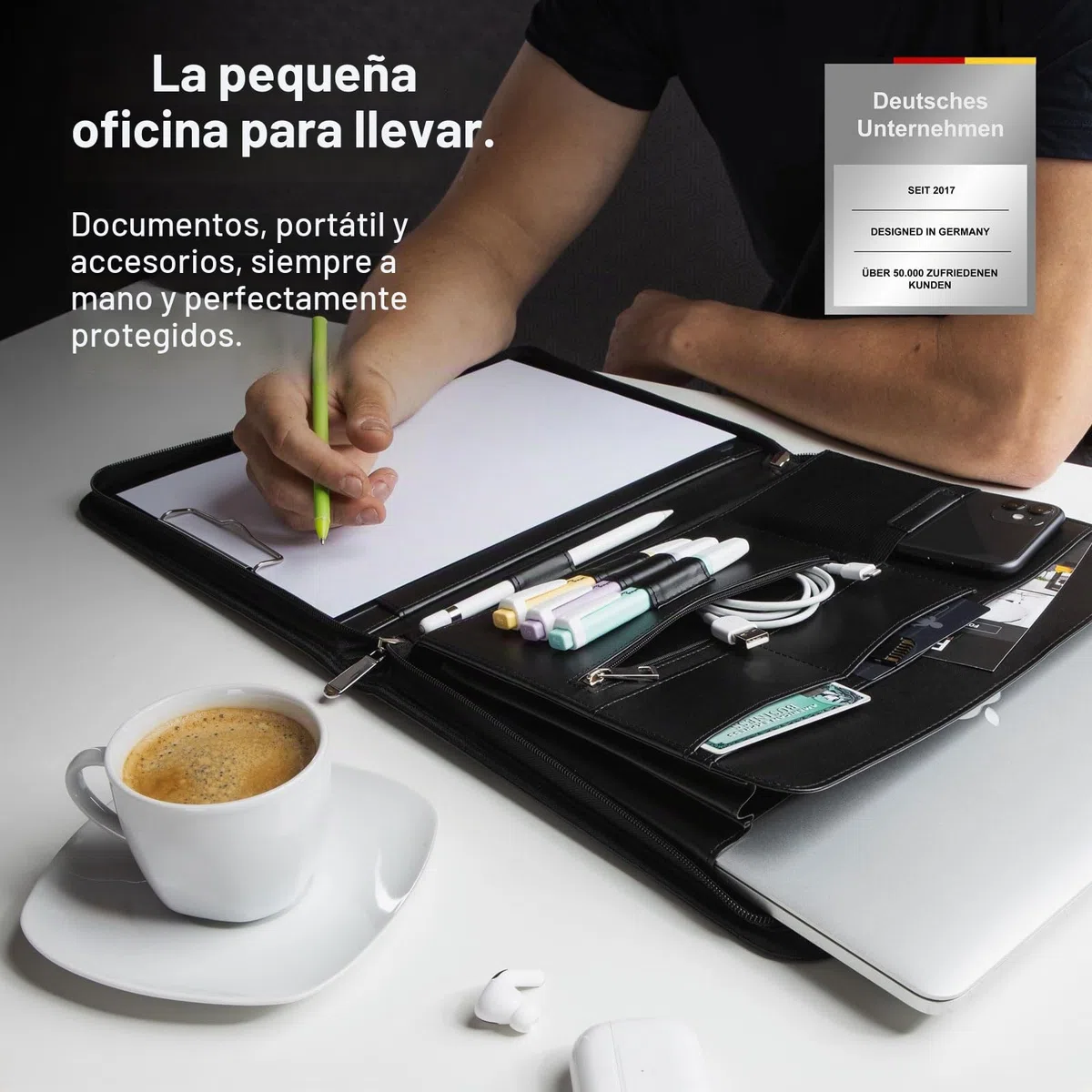 Vebon® Carpeta A4 grande "Roma" doble cremallera + portapapeles, carpeta de conferencias + bolsa para ordenador portátil, espacio extra, Negro Piel Sintética, Gris Fantasma