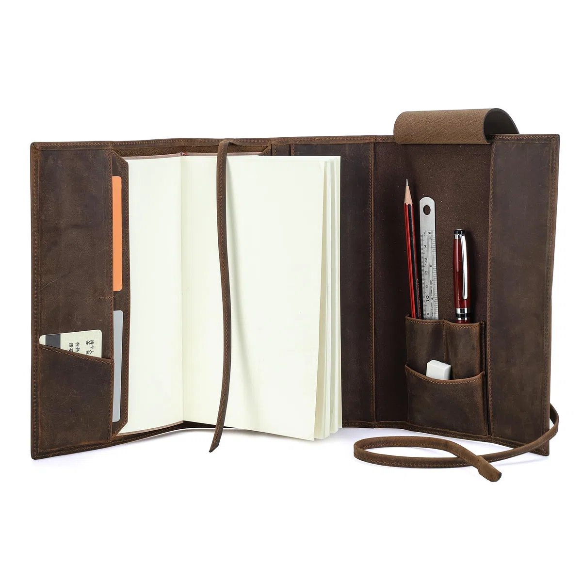 Funda de cuero para cuaderno A5 genuina con ranura para bolígrafo y banda de encuadernación