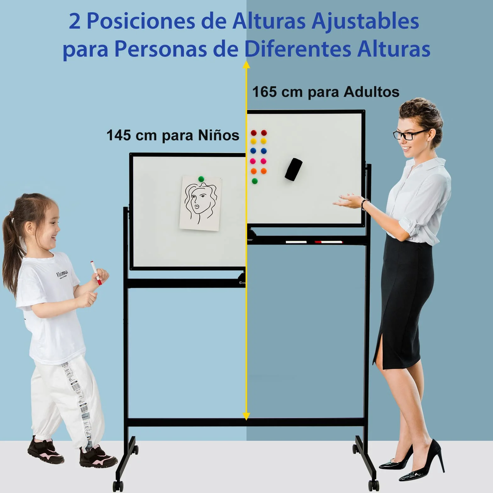 COSTWAY Pizarra Móvil Magnética Doble Cara 120x60 cm con Ruedas, Ajustable