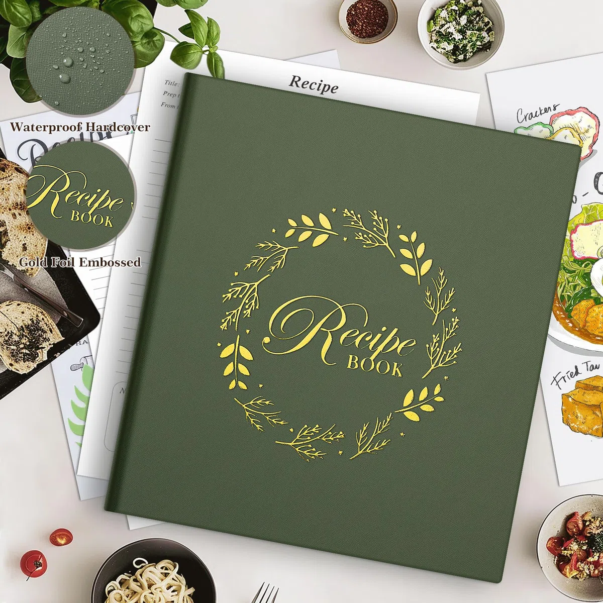 Lanpn Carpeta de Anillas para Recetas, Recetario de 3 Anillas con 8 Fundas, Recipe Journal Book Binder, Libro Recetas Cuaderno Recetas en Blanco, Recetario de Cocina para Escribir, Verde, Inglés