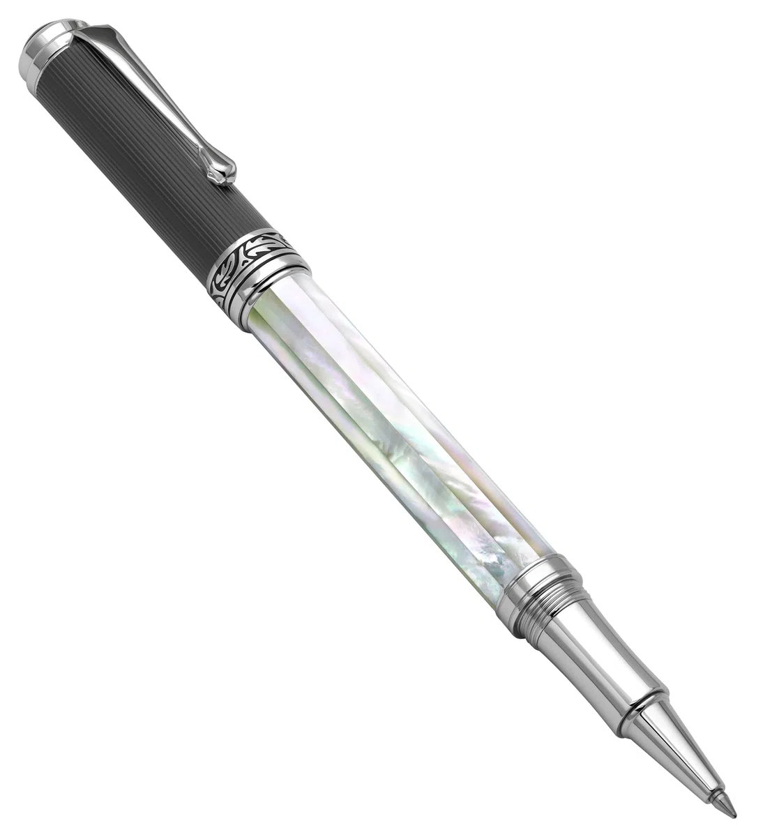 Xezo Bolígrafo roller Maestro hecho a mano, punta fina. Madreperla blanca iridiscente de origen oceánico con carbono similar al diamante PVD. Numerado, cada bolígrafo es único