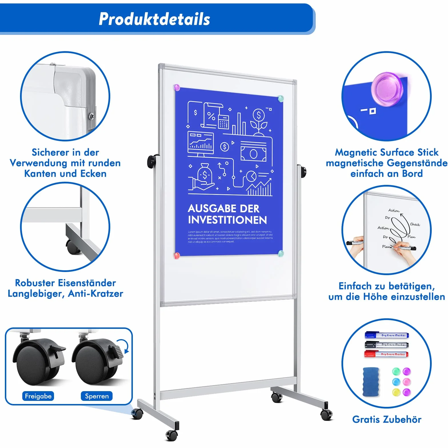 maxtek - Pizarra blanca móvil ajustable en altura, 120 x 80 cm, pizarra blanca magnética de doble cara con soporte, pizarra blanca de borrado en seco para oficina, aula y hogar