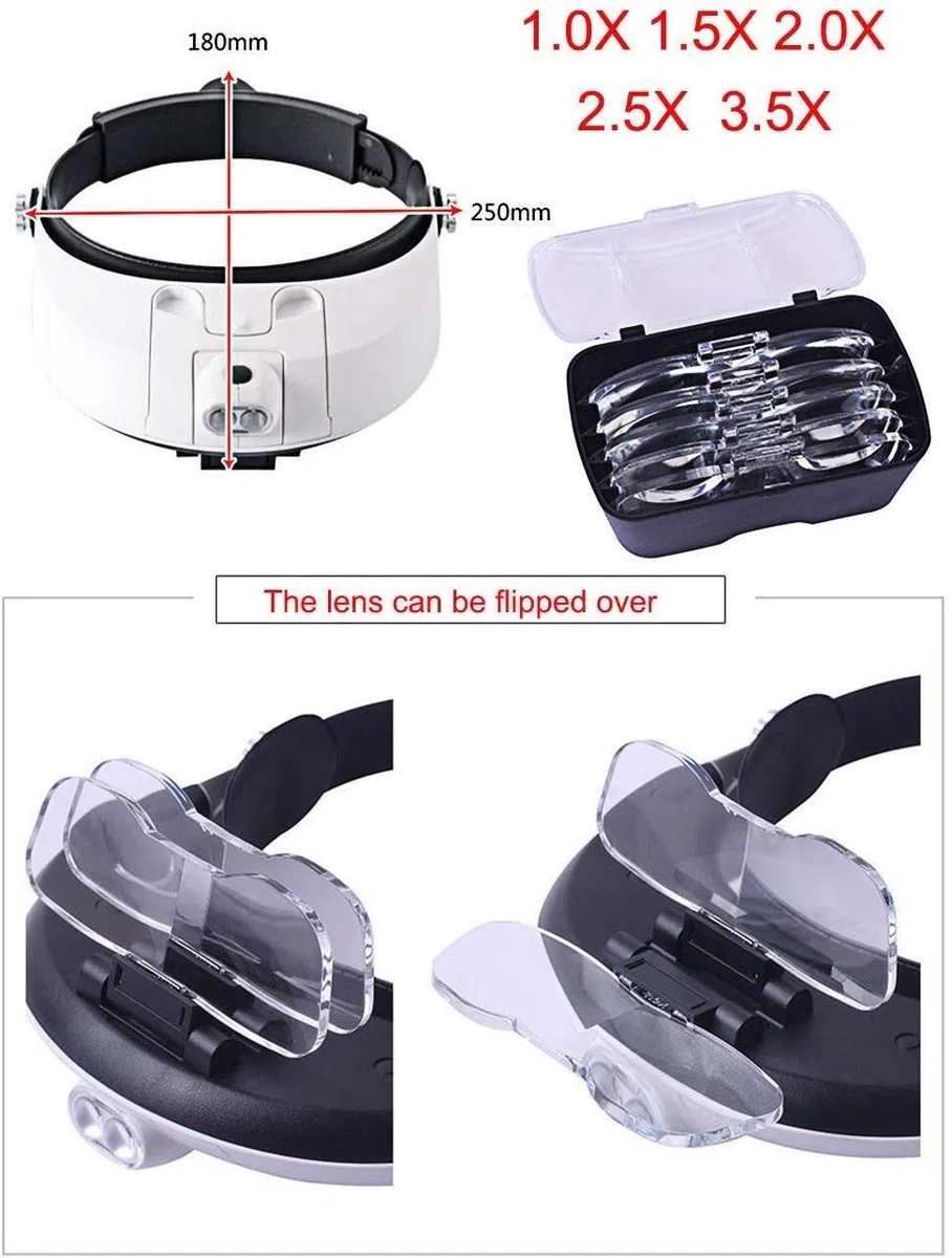 Diadema lupa con luz 2led, lupa de lectura manos libres montada en la cabeza, joyería, reloj lupa