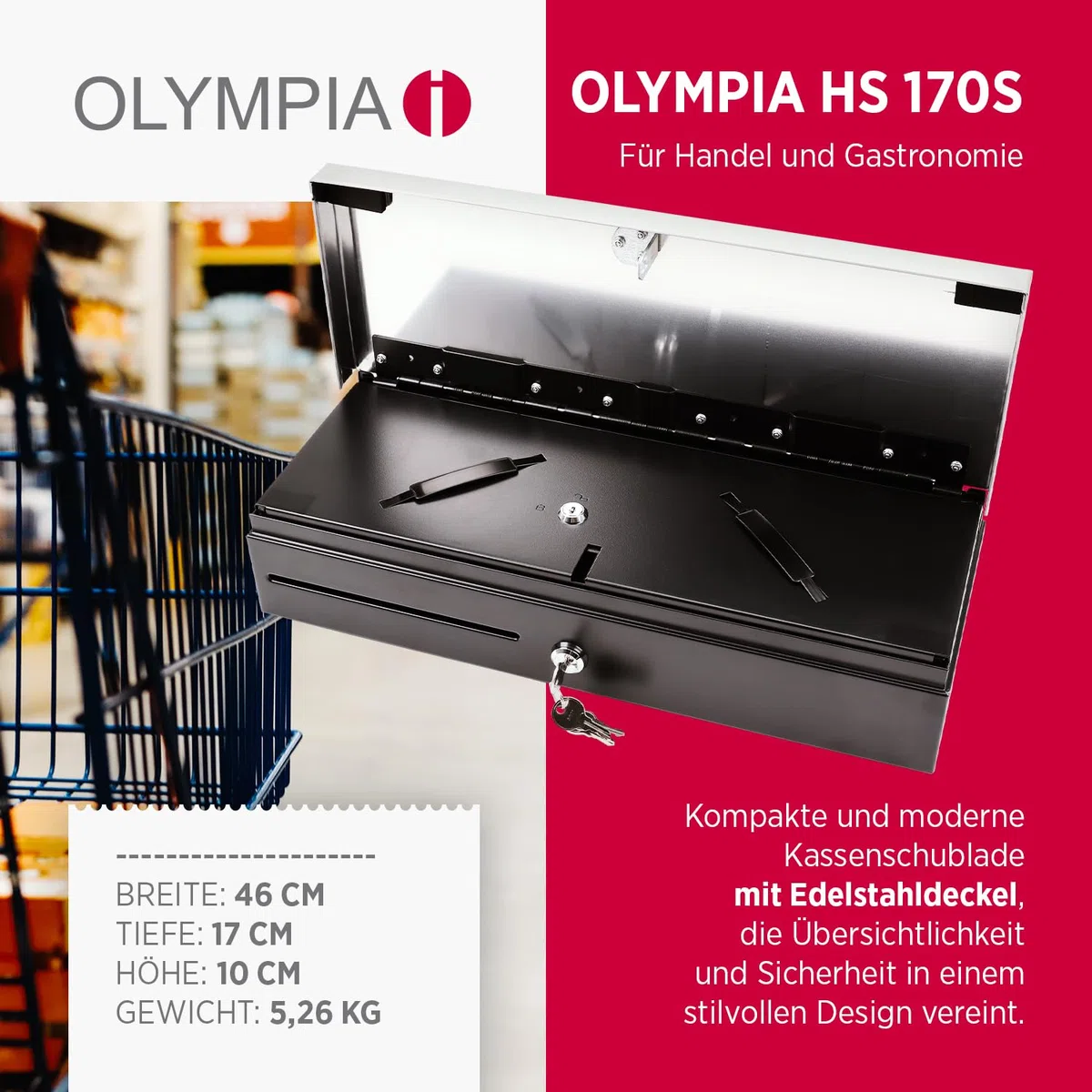 Olympia HS 170S Cajón para dinero con cerradura con ranura, compatible con RJ12, 8 compartimentos para monedas y 6 billetes, material de oficina, caja metálica para comercio y gastronomía, 46 x 17 x