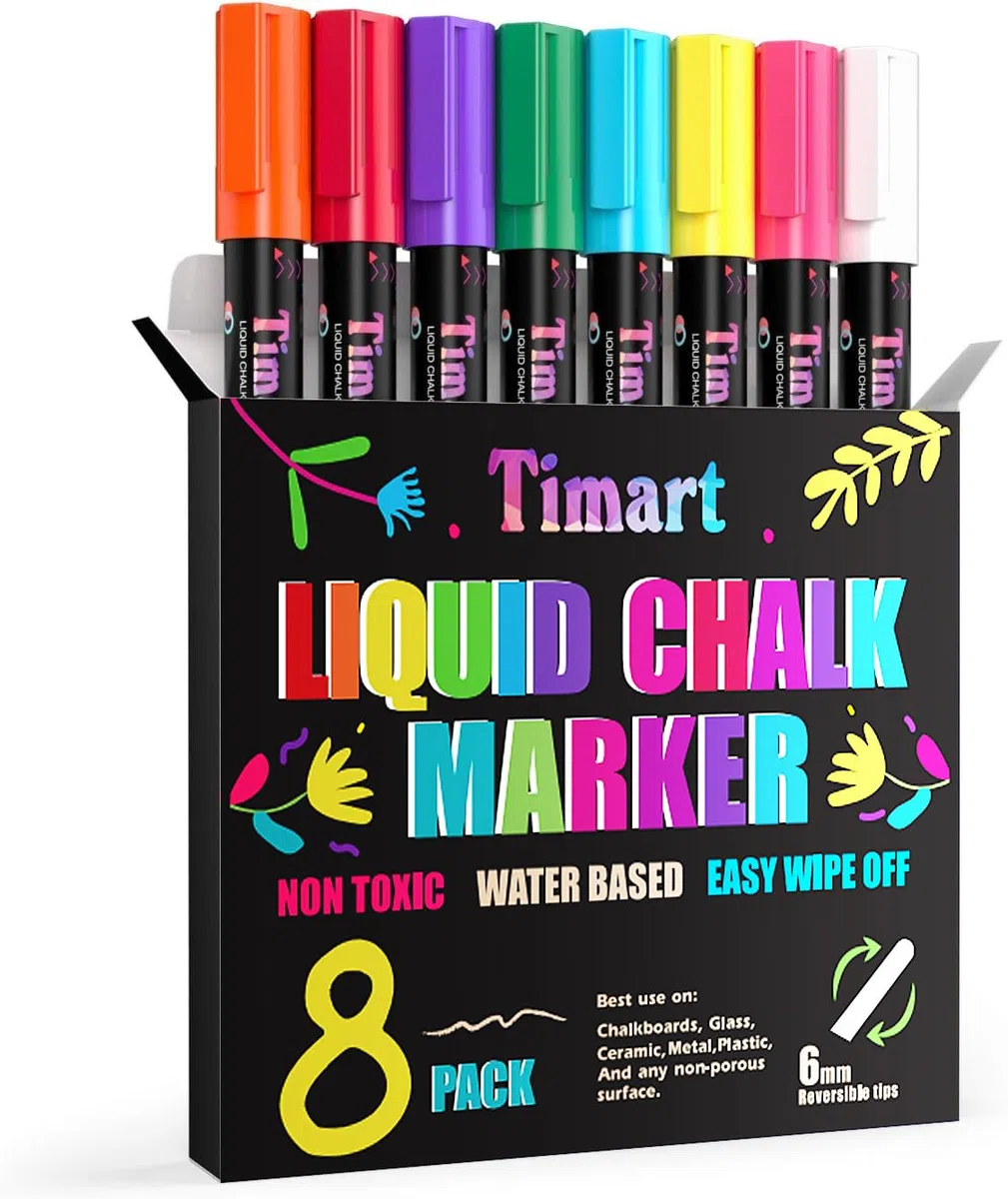 TIMART - 8 rotuladores de tiza líquida, punta reversible de 6 mm, 24 etiquetas de pizarra incluidas (clásico)