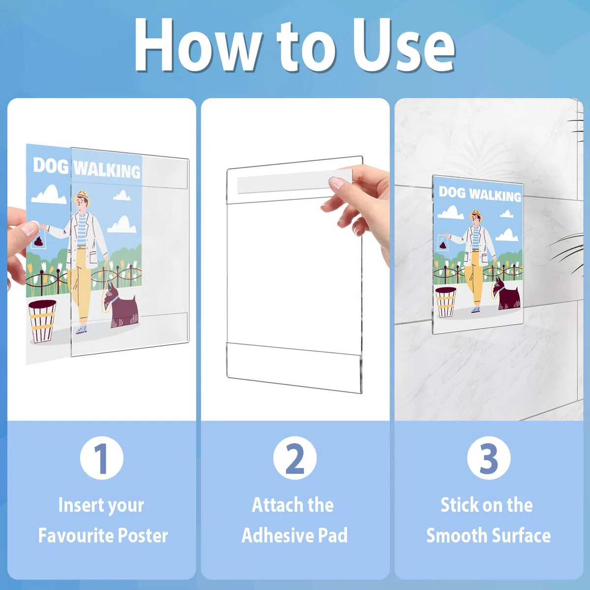 6 Pcs Soportes para Letreros de Acrílico Transparente A4 Expositor Metacrilato para Pósteres de Pared, Porta para Cartel con Cinta Adhesiva, Soporte Metraquilato Vertical/ Horizontal Universal