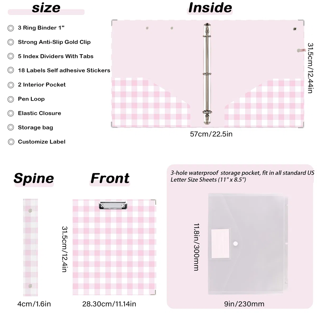 Carpeta de 3 anillas con portapapeles, diseño de cuadrícula rosa y blanca, incluye divisores, bolsa de archivos y etiqueta de lomo, ideal para estudiantes y profesionales