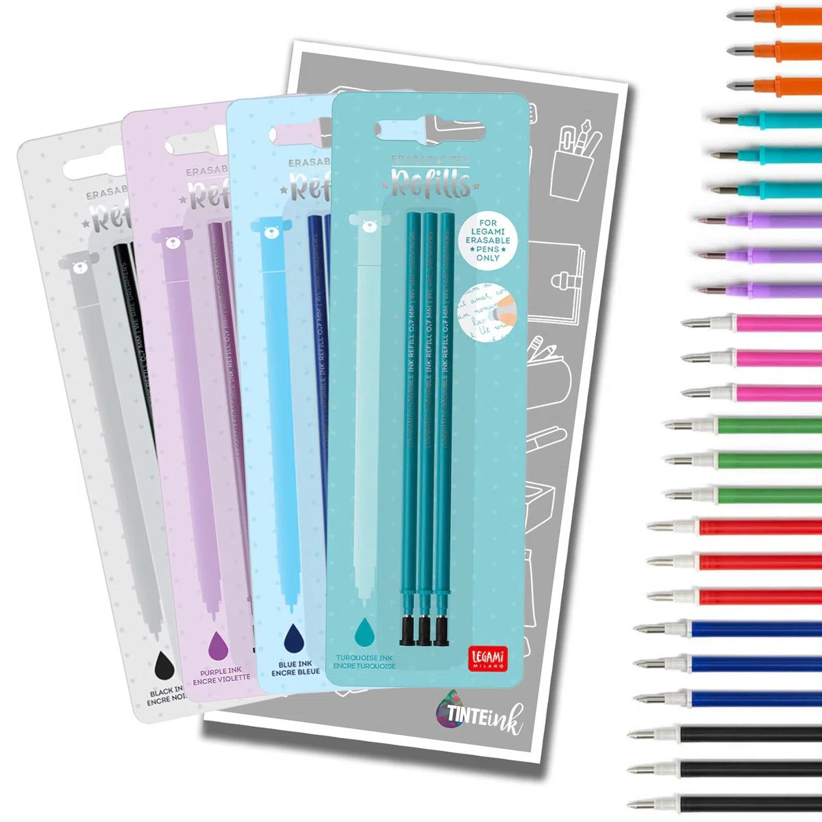 Legami - Recambios de gel para bolígrafos de gel borrable con sobre Tinte Ink (negro, azul, morado y turquesa)