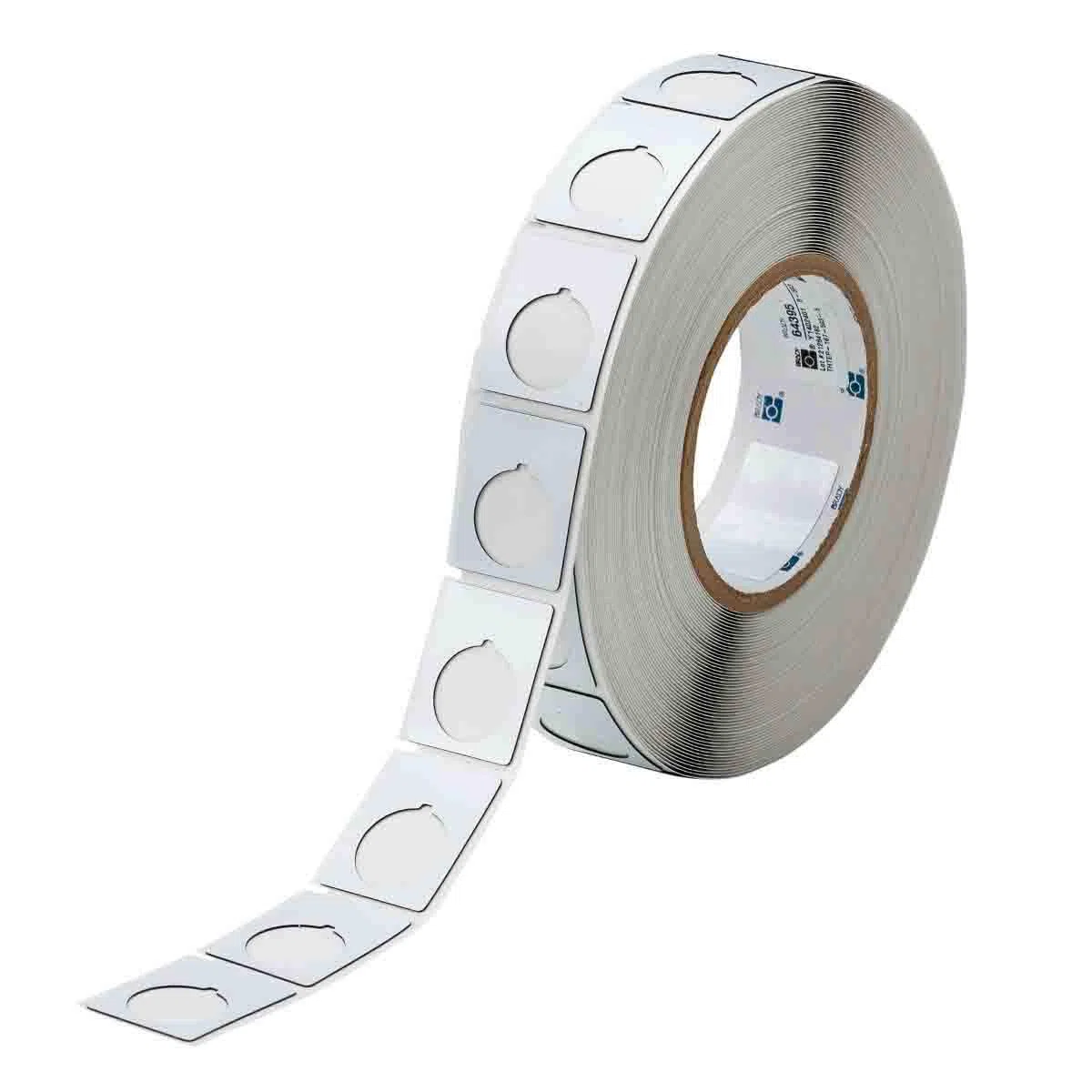 Brady THTEP-167-593-.5 1.2" Ancho x 1.5" Alto, B-593 Cinta Adhesiva, Poliéster Acabado Brillo Blanco Pulsador Etiqueta para Impresoras de Transferencia Térmica (500 por rollo)