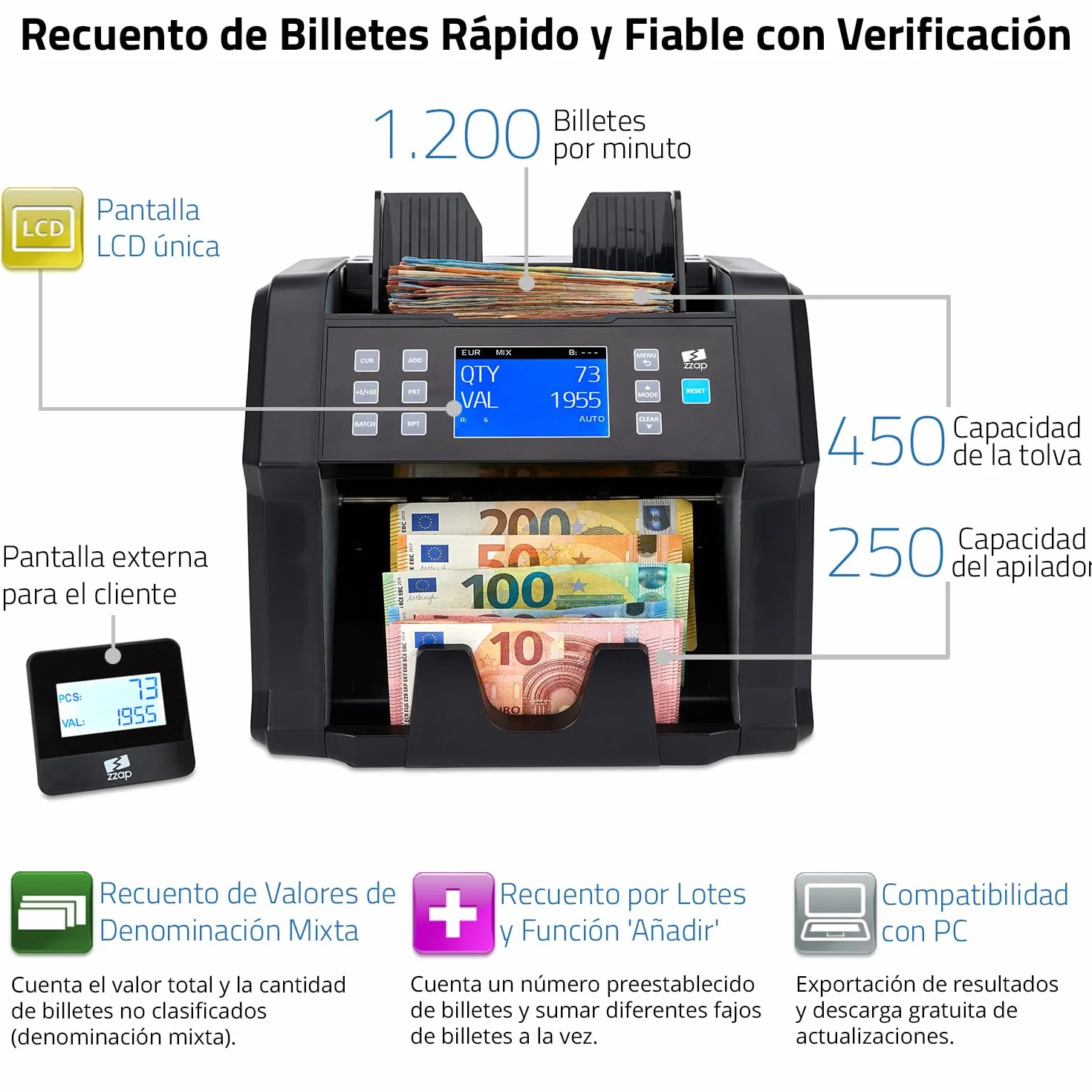 ZZap NC50 Contadora de Billetes y Detector de Falsificaciones - Contadora de Valor para Denominaciones Mixtas - Máquina de Efectivo