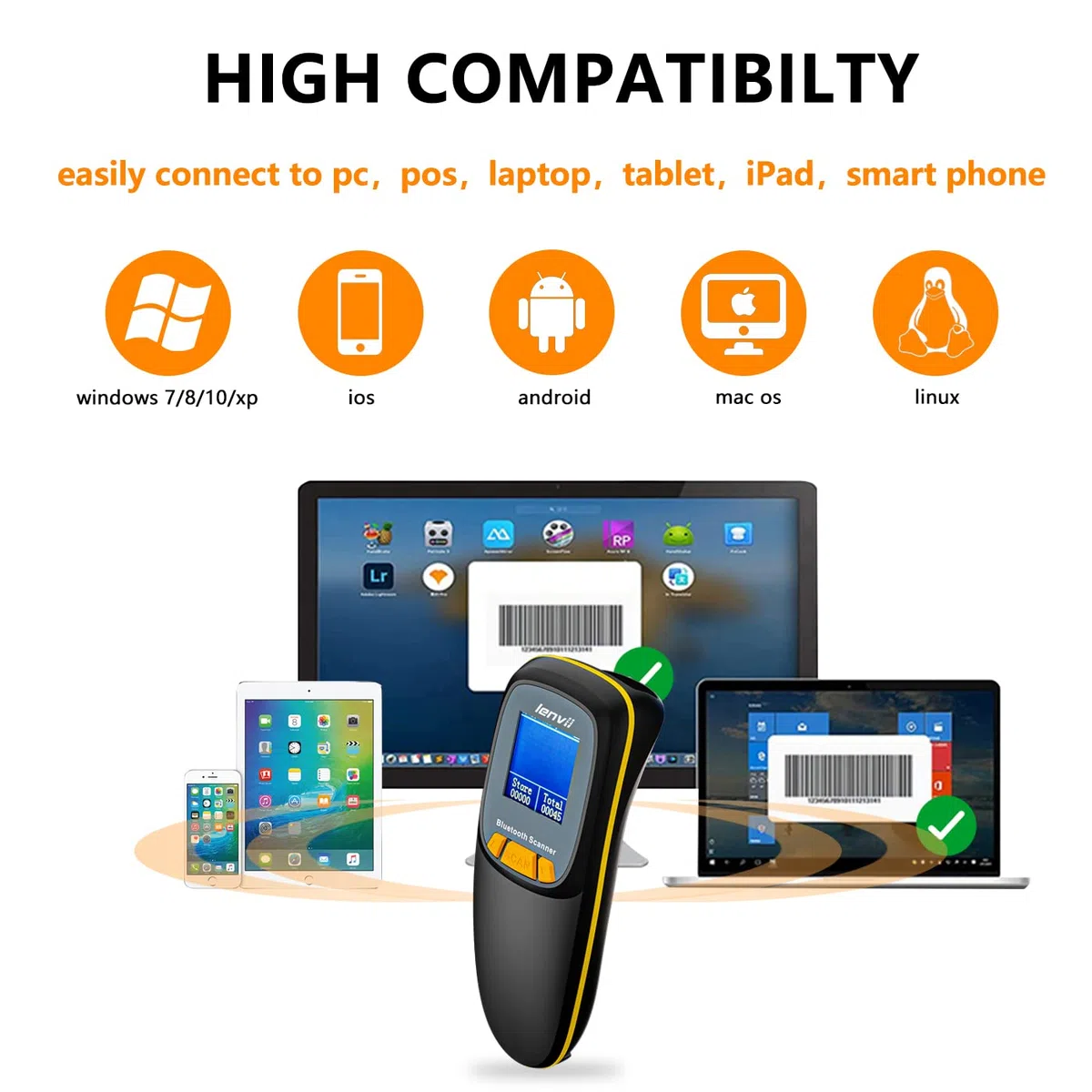 LENVII Portátil Bluetooth Escáner de código de Barras 2D – con Pantalla | 3 en 1 Inalámbrico QR Lector de código de Barras, 1200mAh, Compatible con Windows, Mac,Android Lector codigo de Barras(Negro)
