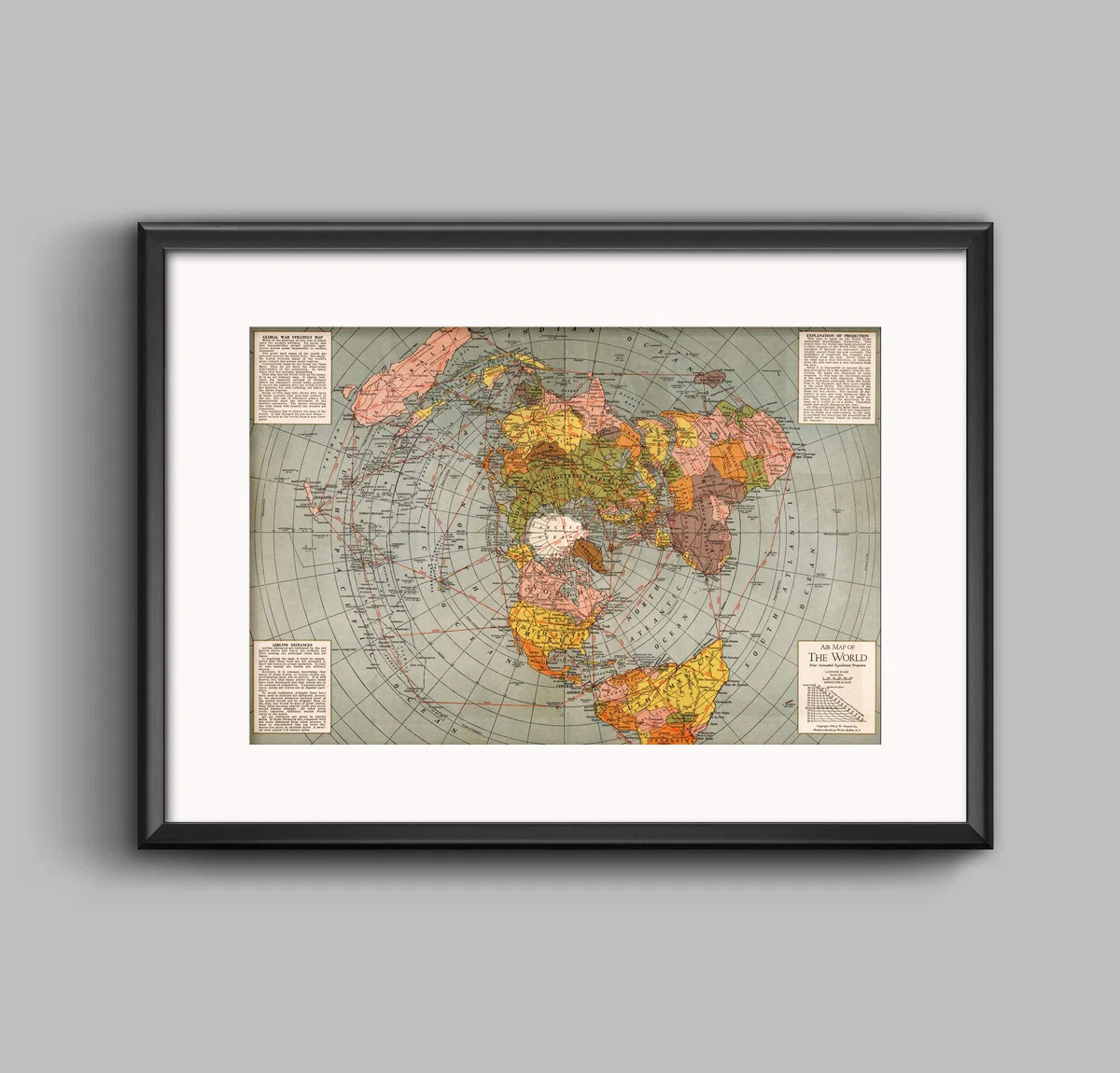 Mapa plano de la Tierra del Mundo - Mapa de proyección equidistante azimutal polar de 1943 - Gran regalo de la Tierra Plana - Póster artístico de pared grande (23 x 34 pulgadas)