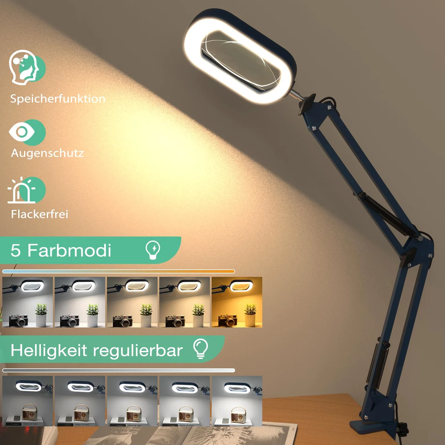 Lupa 10X con luz y abrazadera, cristal auténtico soporte de iluminación, 5 modos de color y regulable sin niveles, lámpara de escritorio LED manos libres para manualidades, aficiones, lectura, pintura