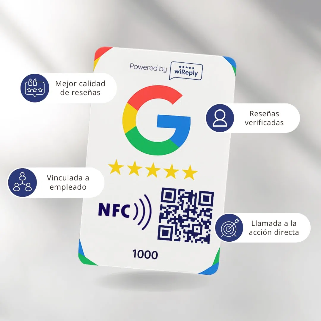 Tarjeta NFC y QR para conseguir Reseñas de Google | Compatible con Android y iPhone | Pack 5 Tarjetas | 1 mes Gratis wiReply