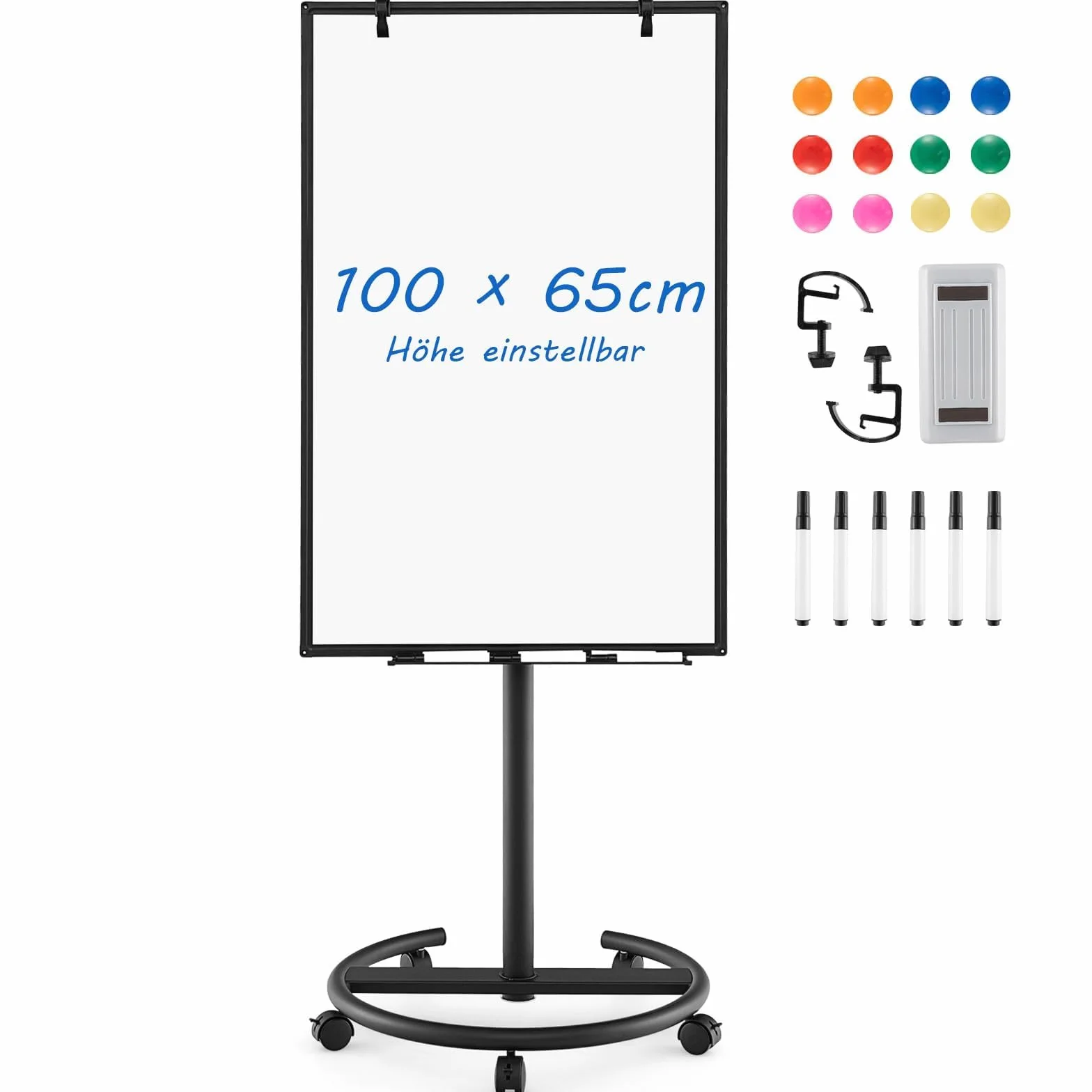 FANTASK Pizarra blanca, soporte de rotafolio, 100 x 65 cm, pizarra blanca móvil con ruedas, altura regulable hasta 192 cm, borrado en seco, magnético, con soporte redondo, imanes, marcadores y goma de