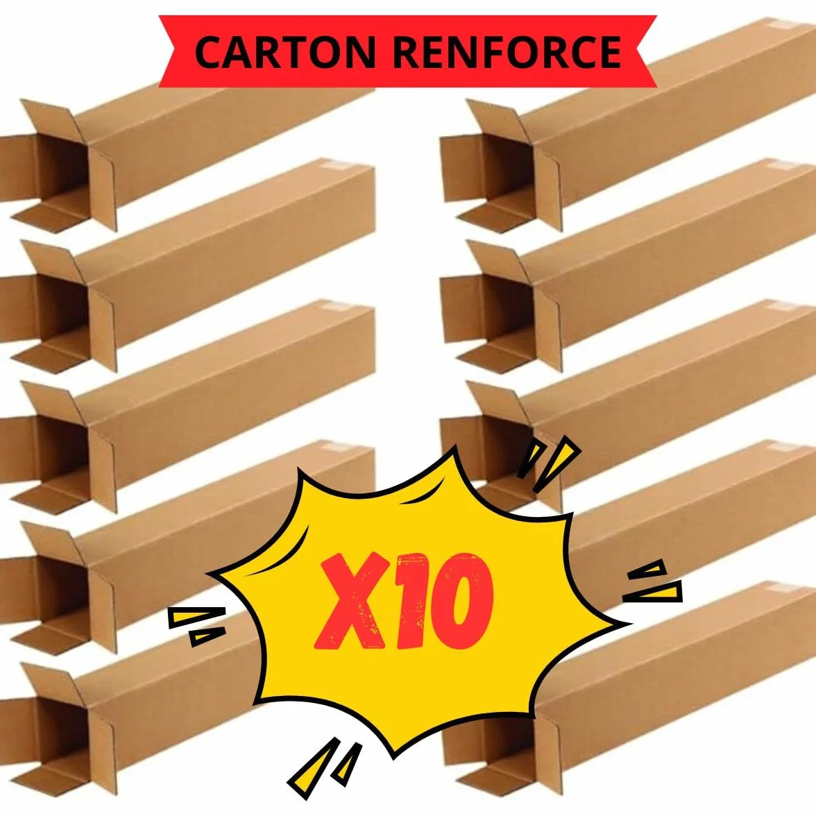 Tubo cuadrado cartón rígido envío Lote 10 cajas 120x10x10 cm Marrón FSC