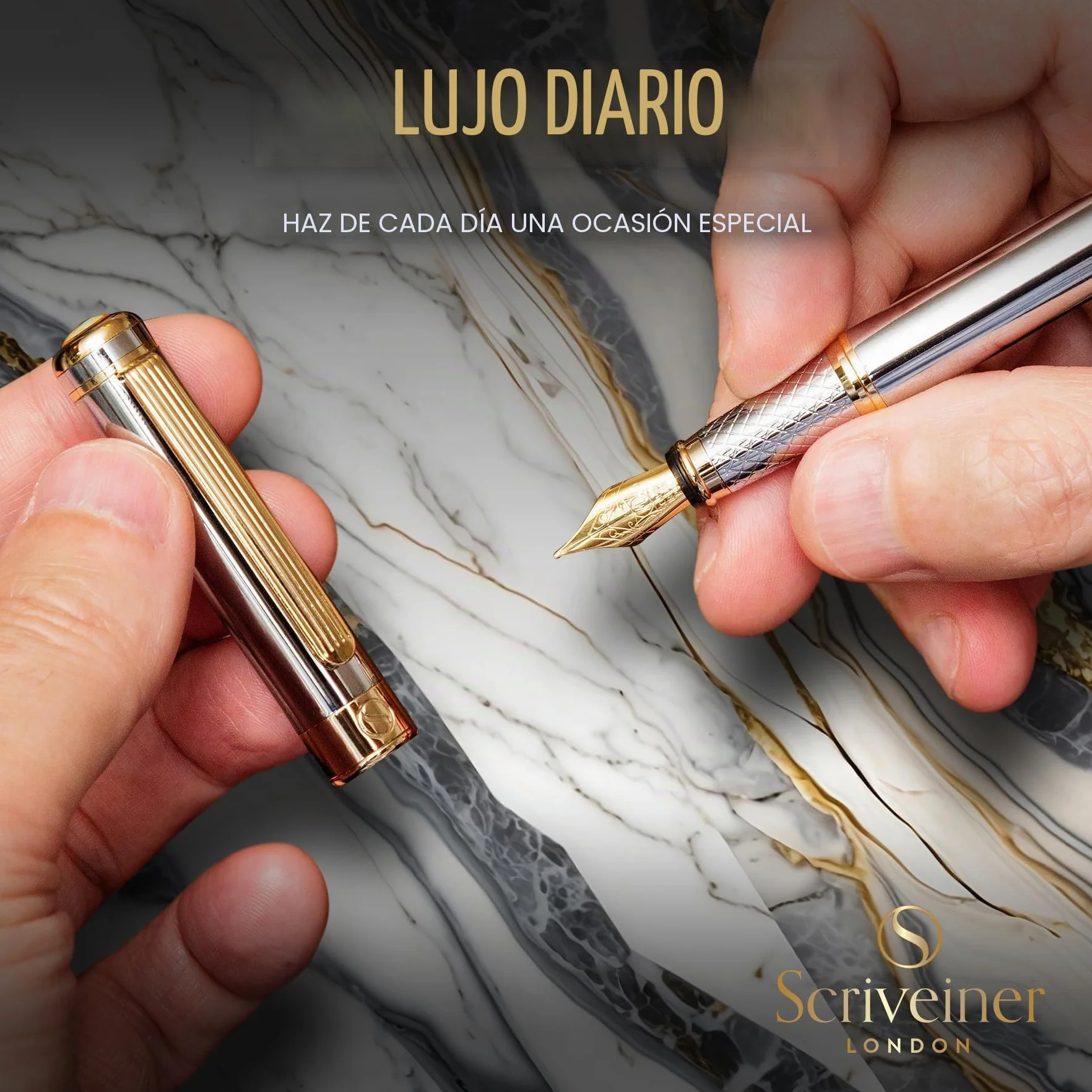 Scriveiner Pluma Estilográfica Plateada con Detalles de Chapado en oro auténtico, Plumilla y Convertidor Instalado Schmidt, Incluye Dos Cartuchos de Tinta, Azul y Negro