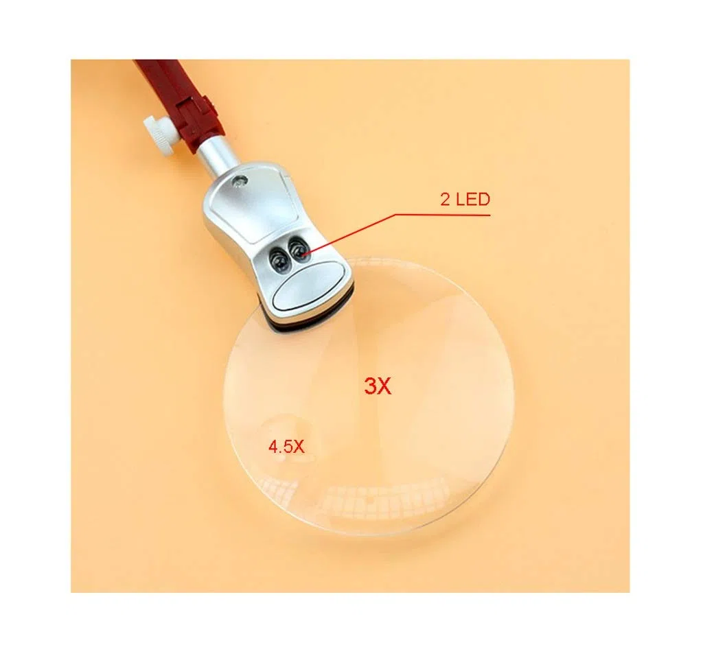 Lupa de Escritorio LED, Lupa de sobremesa con luz LED Manos Libres, Doble Lente 3X/4.5X con Clip metálico, Estante Ajustable para Lectura, Pasatiempos, Manualidades y Mes