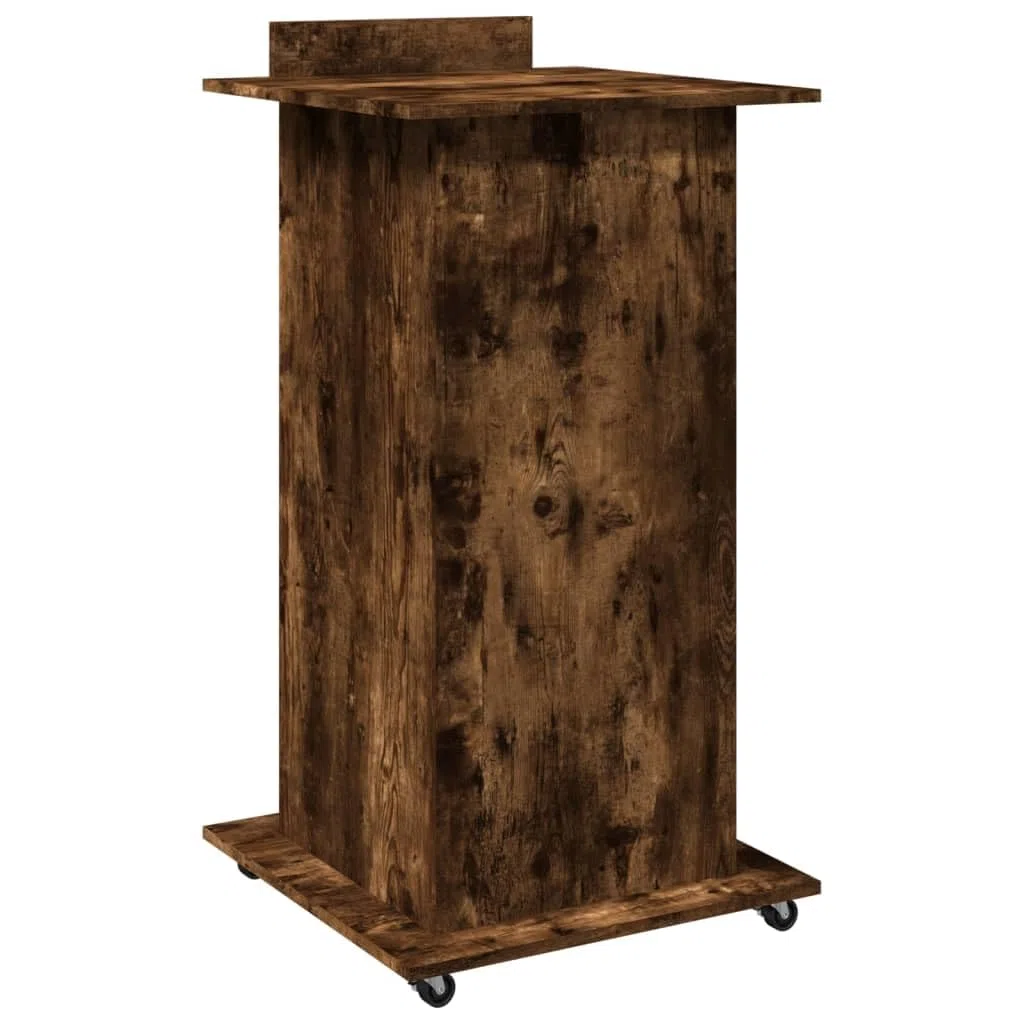Atril con ruedas y cajón, madera de roble ahumado, 55 x 55 x 107 cm, placa superior inclinable, 2 compartimentos, ruedas con bloqueo, para oficina, estudio, presentaciones