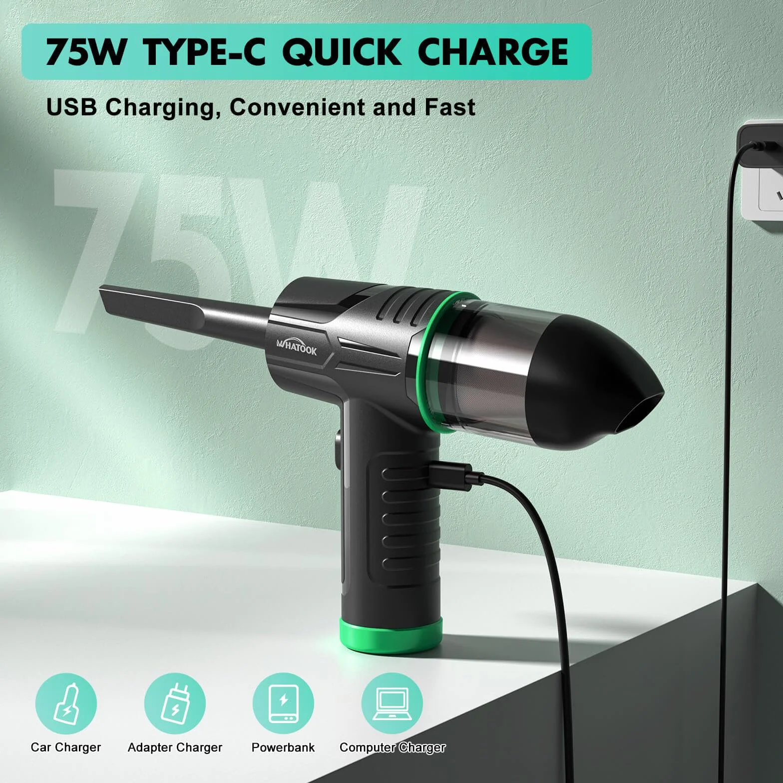 WHATOOK Soplador de Polvo Eléctrico y Aspirador 2 en 1, 100000 RPM,10Kpa, 7600mAh, 3 velocidades, Aire Comprimido Sin Cable con LED para PC, computadora, Sofá, Mascotas,Automóvil，Verde