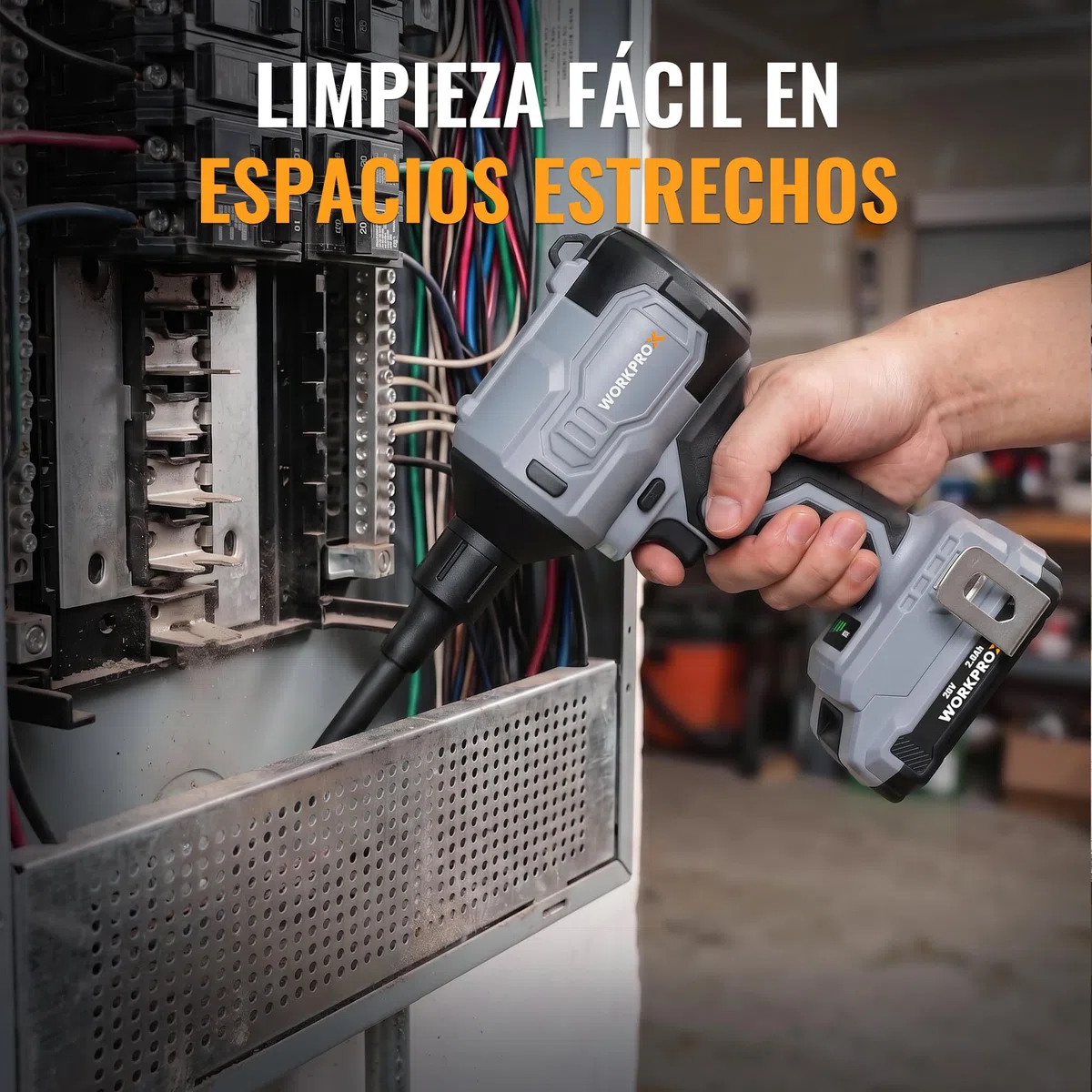 WORKPROX 20V Soplador de Aire Potente con Motor Sin Escobillas | Soplador Eléctrico con Batería Recargable de 2 Ah, 470 MPH, 4 Niveles de Velocidad, Función de Soplado/Aspiración, Luz LED