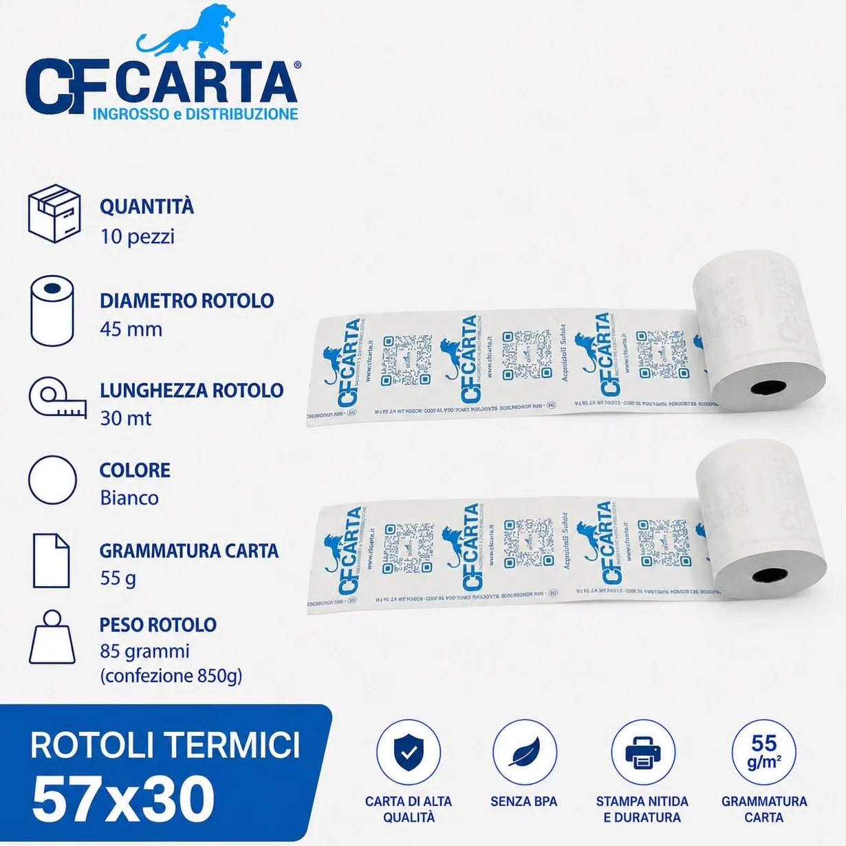 Rollos térmicos para caja, rollos homologados para recibos de 57 mm x 30 metros de longitud, paquete de 100, rollos impresora térmica, papel impresora térmica