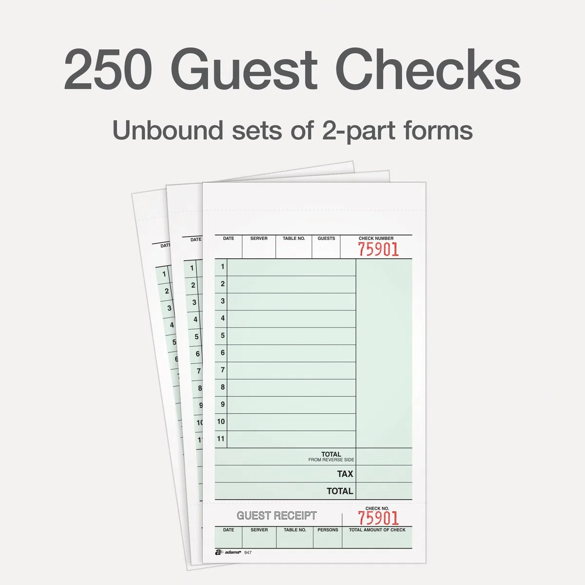 Adams Guest Check Unit Sets, 2-Part, Carbonless, White Bond/Tag, 4-1/4 x 6-3/4 Inches Detached, 250 Sets/Pack (947SWC)