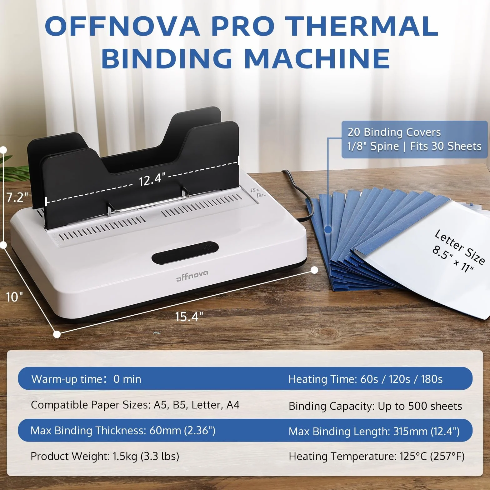 OFFNOVA Encuadernadora térmica de 500 hojas, sin precalentamiento, refrigeración por aire, 3 ajustes de tiempo, compatible con A3/A4/A5/Letter, incluye 10 tapas de encuadernación para oficina y