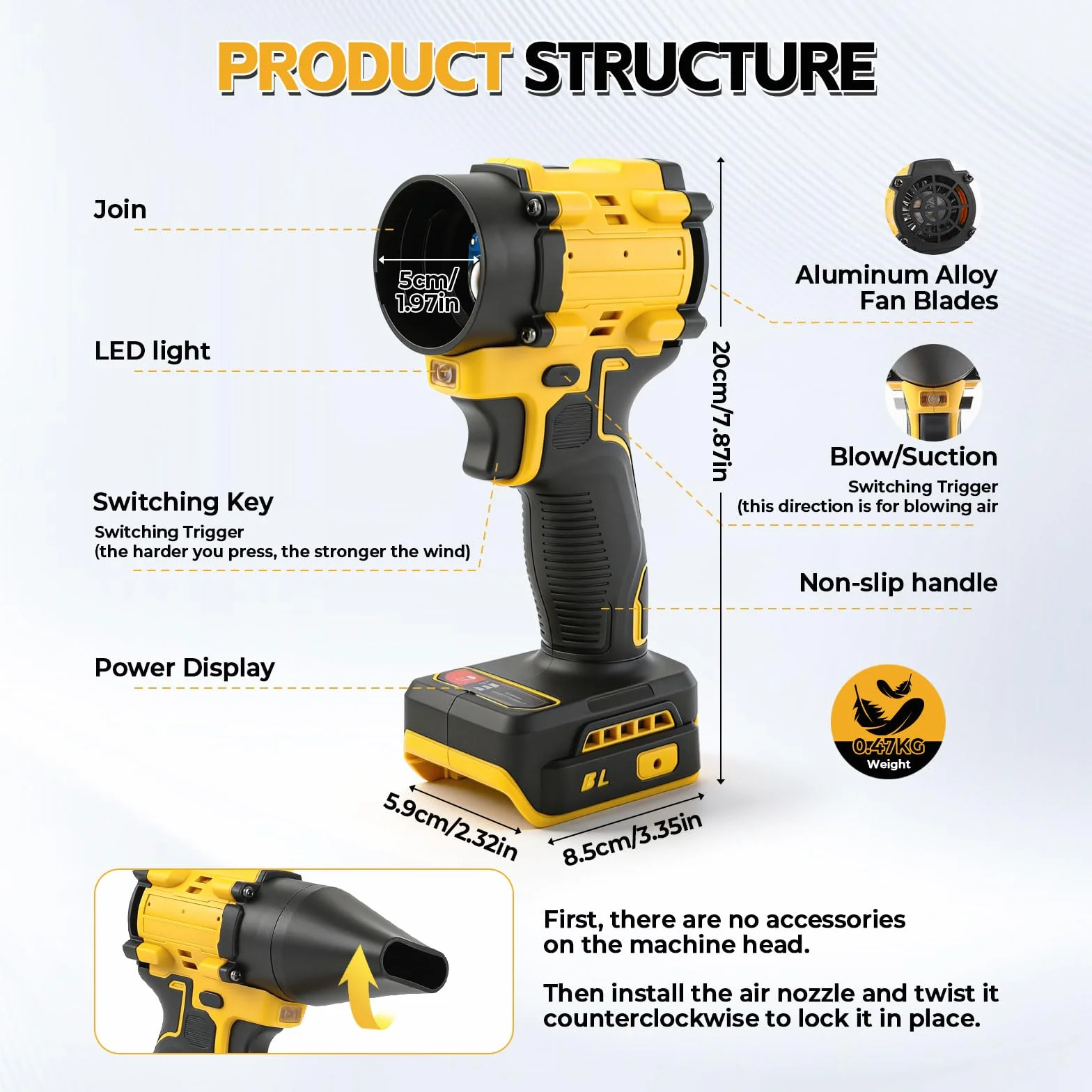 Soplador y aspiradora inalámbricos 2 en 1 compatibles batería Dewalt 18V, soplador aire sin escobillas 150 W/aspiradora aire comprimido con 5 boquillas para automóviles talleres teclados (sin batería)