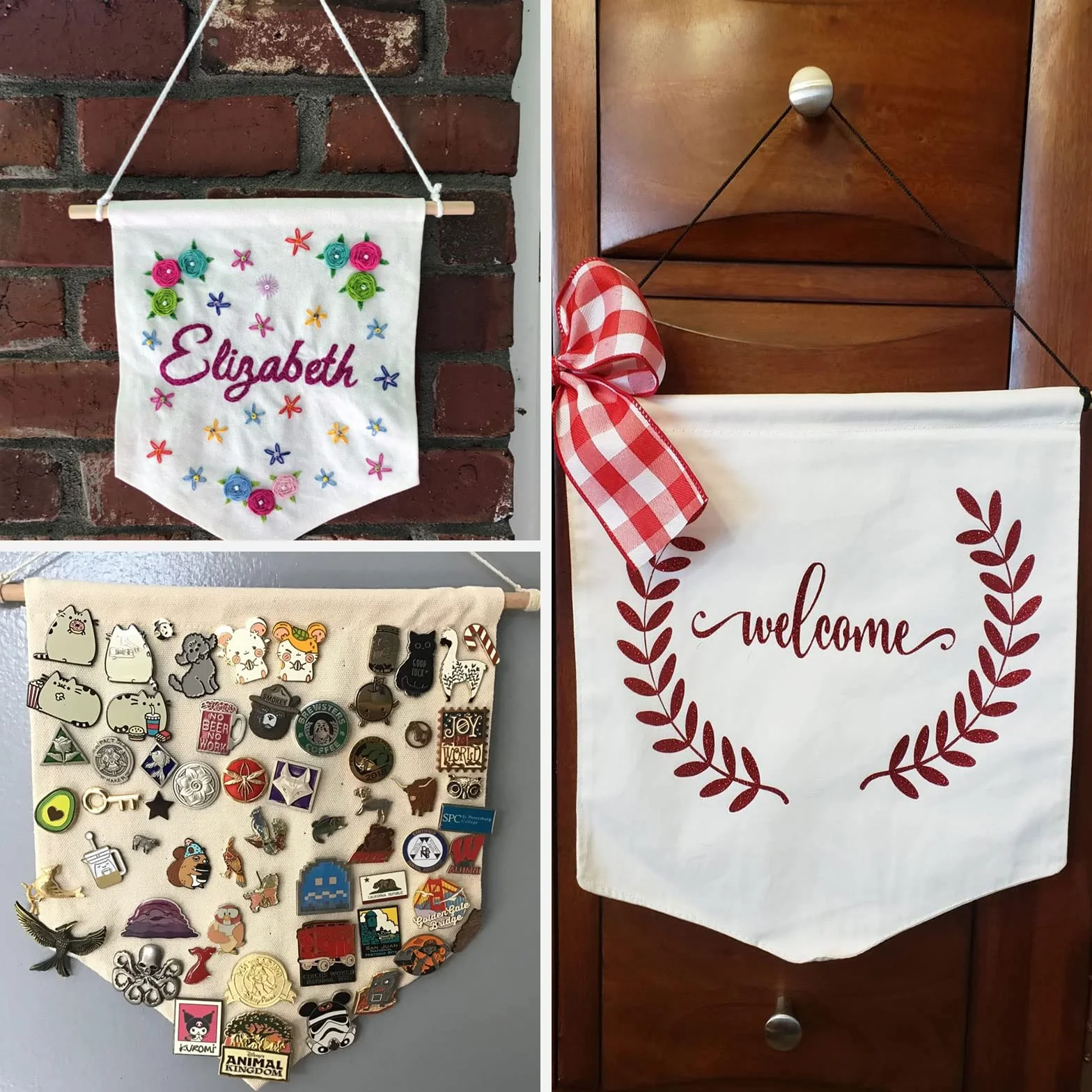10 pancartas de lienzo de pared, lienzo blanco beige con clavija de madera, pin esmaltado para insignias, botones, colecciones de solapa