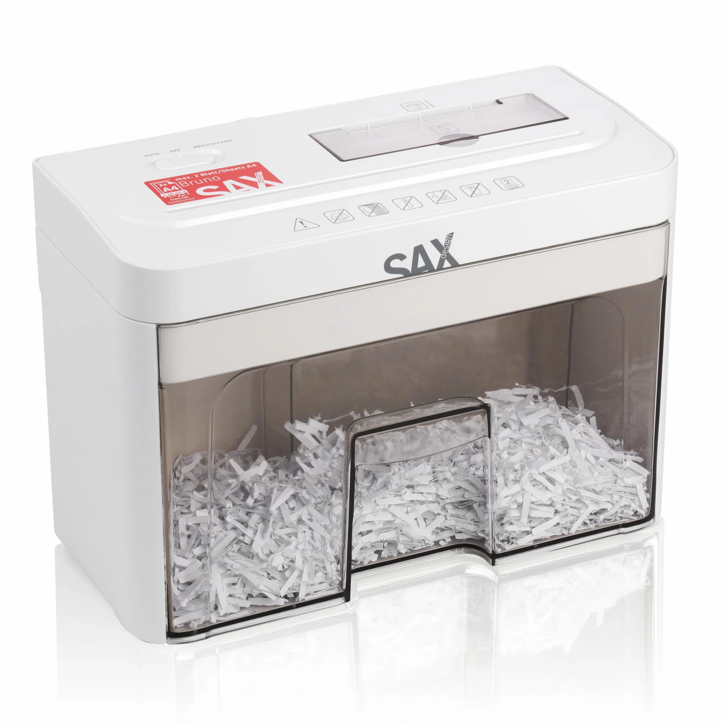 Sax Bruno Destructora de Papel: trituradora de 3 x 18 mm, Papel triturado, CD y Tarjetas, Apertura de Entrada de 220 mm, Capacidad A4 de 3,5 L, silencioso hasta 70 dB, Ideal para oficinas y