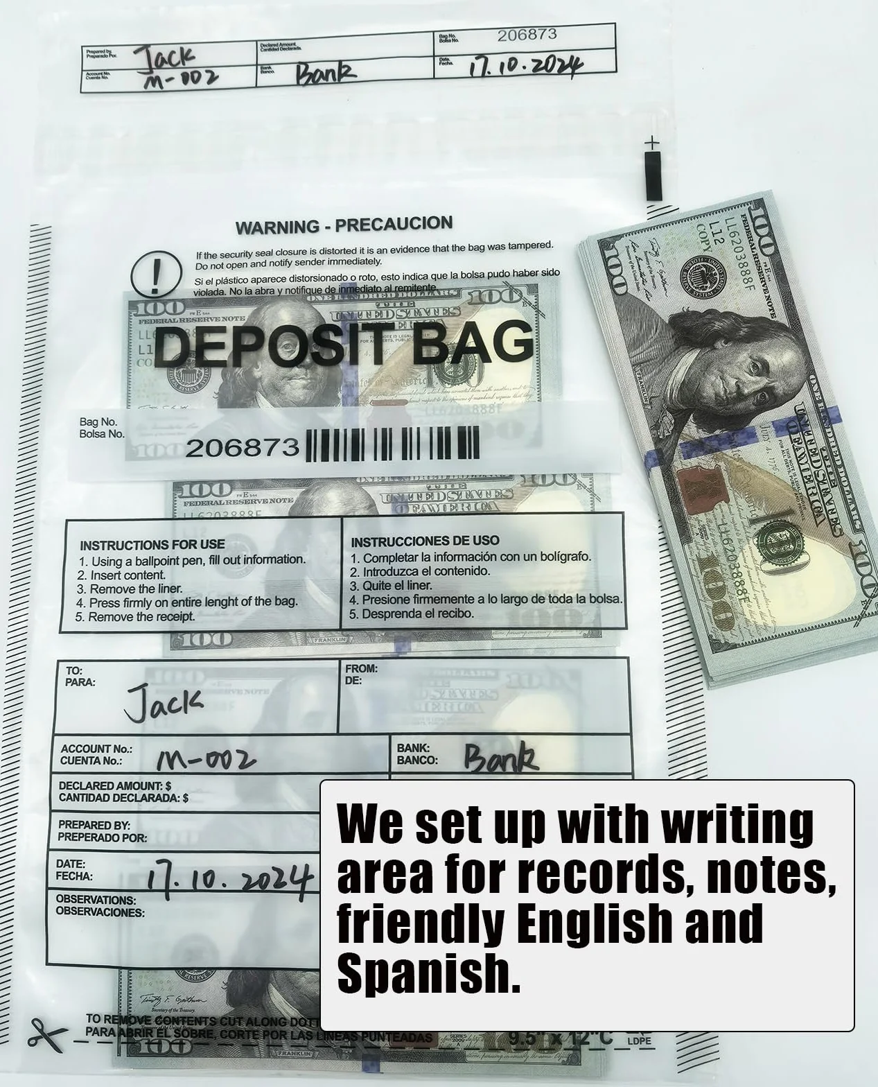 Paquete de 100 bolsas de plástico transparentes de 9 x 12 pulgadas, bolsas de depósito bancario de seguridad, bolsas de caja registradora, bolsa de dinero para dinero en efectivo, bolsillo bancario,