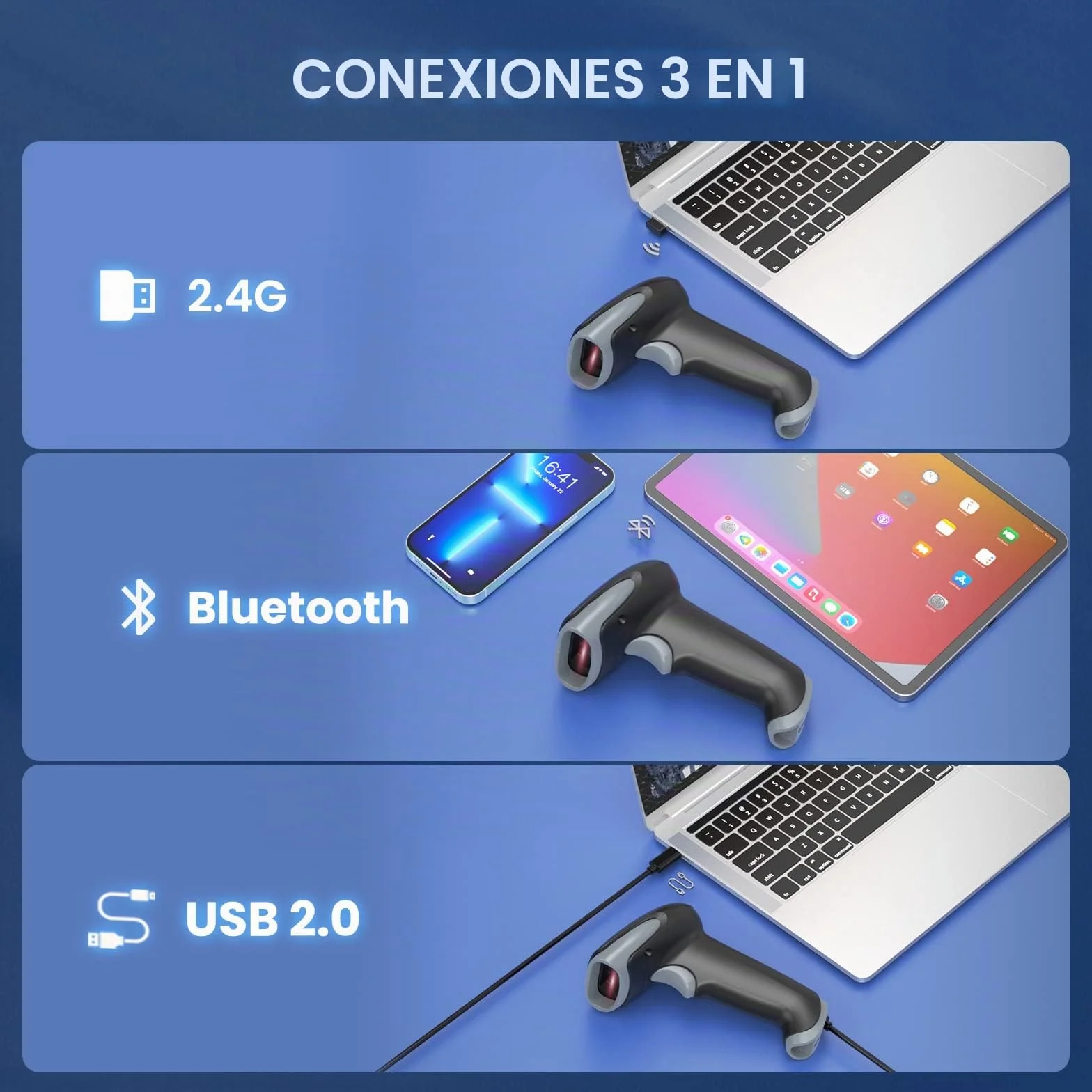 Eyoyo Lector de Códigos de Barras Inalambrico, Bluetooth, 2.4G Wireless, Cable USB 3 en 1 Conexión, Escaner Codigo de Barras 2D 1D Portátil 2500 mAh, Lector QR para Phone, Laptop, Tablet, iOS, Android