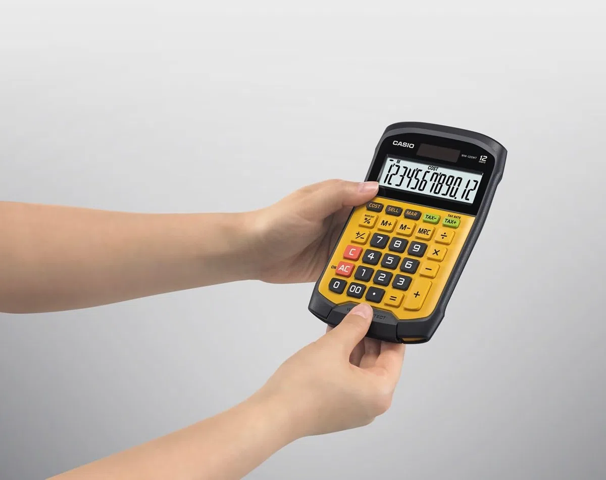 Casio WM-320MT - Calculadora básica (12 dígitos, resistente a polvo), color amarillo y negro