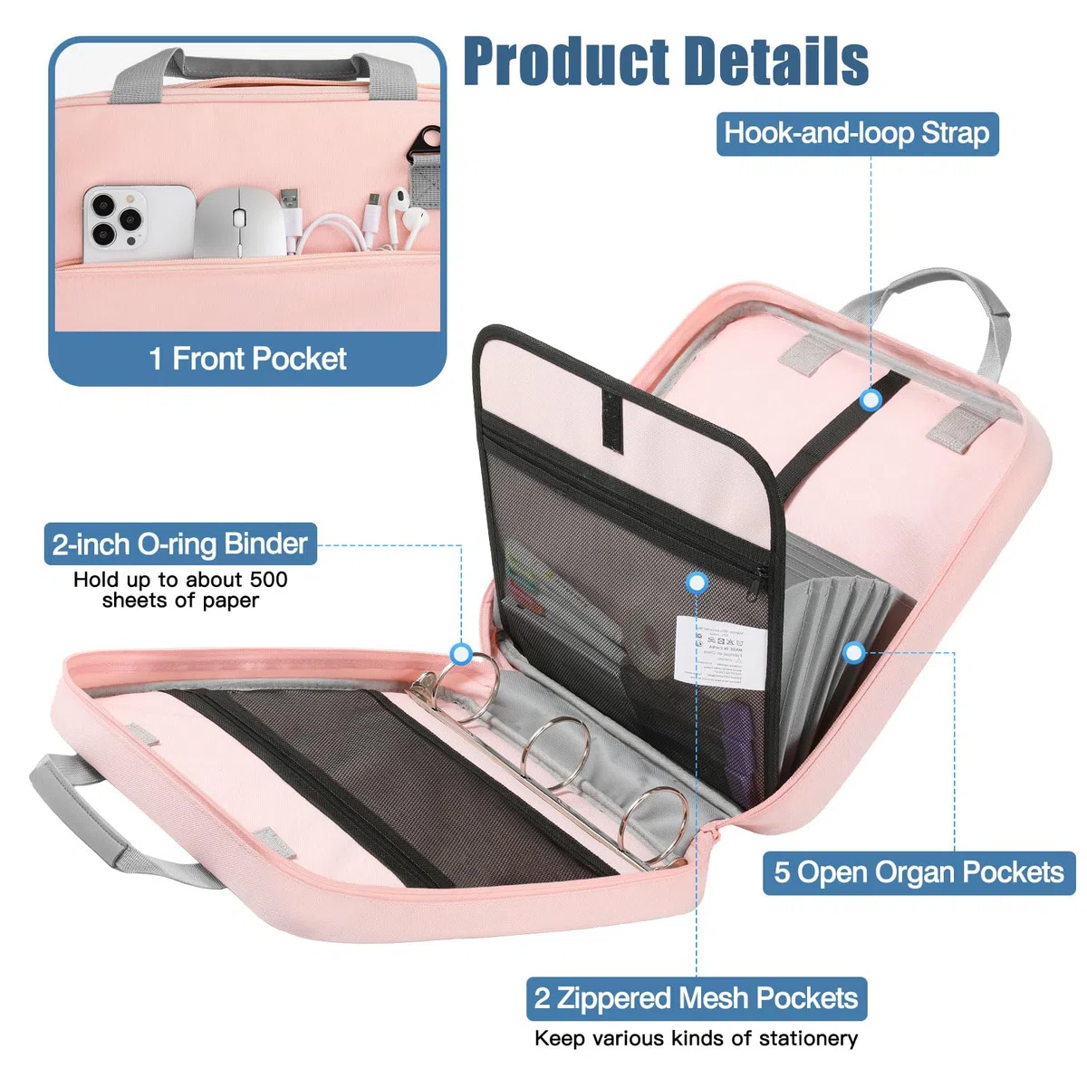MoKo Carpeta con cremallera, capacidad para 500 hojas, carpeta escolar con cremallera, carpeta de 3 anillos de 2 pulgadas para escuela secundaria, asa y correa para el hombro, rosa y gris | Tejido Oxford 900D repelente al agua con 5 carpetas, 2 bolsillos