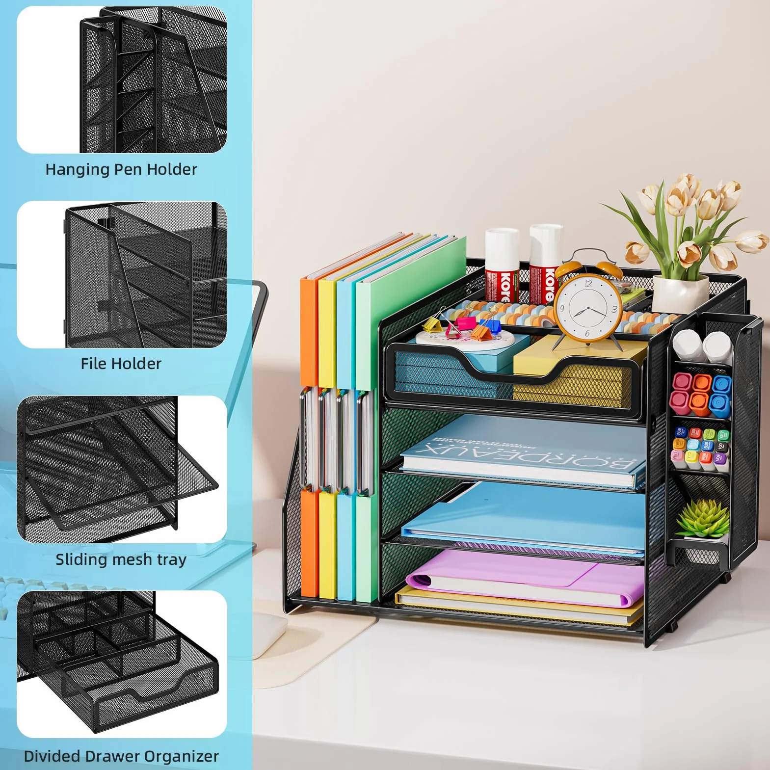 Marbrasse Malla Organizador De Escritorio,4 Niveles Archivador de Escritorio con Cajón,Bandeja Multifuncional para Papeles y Cartas con Soporte para Bolígrafos (Negro)