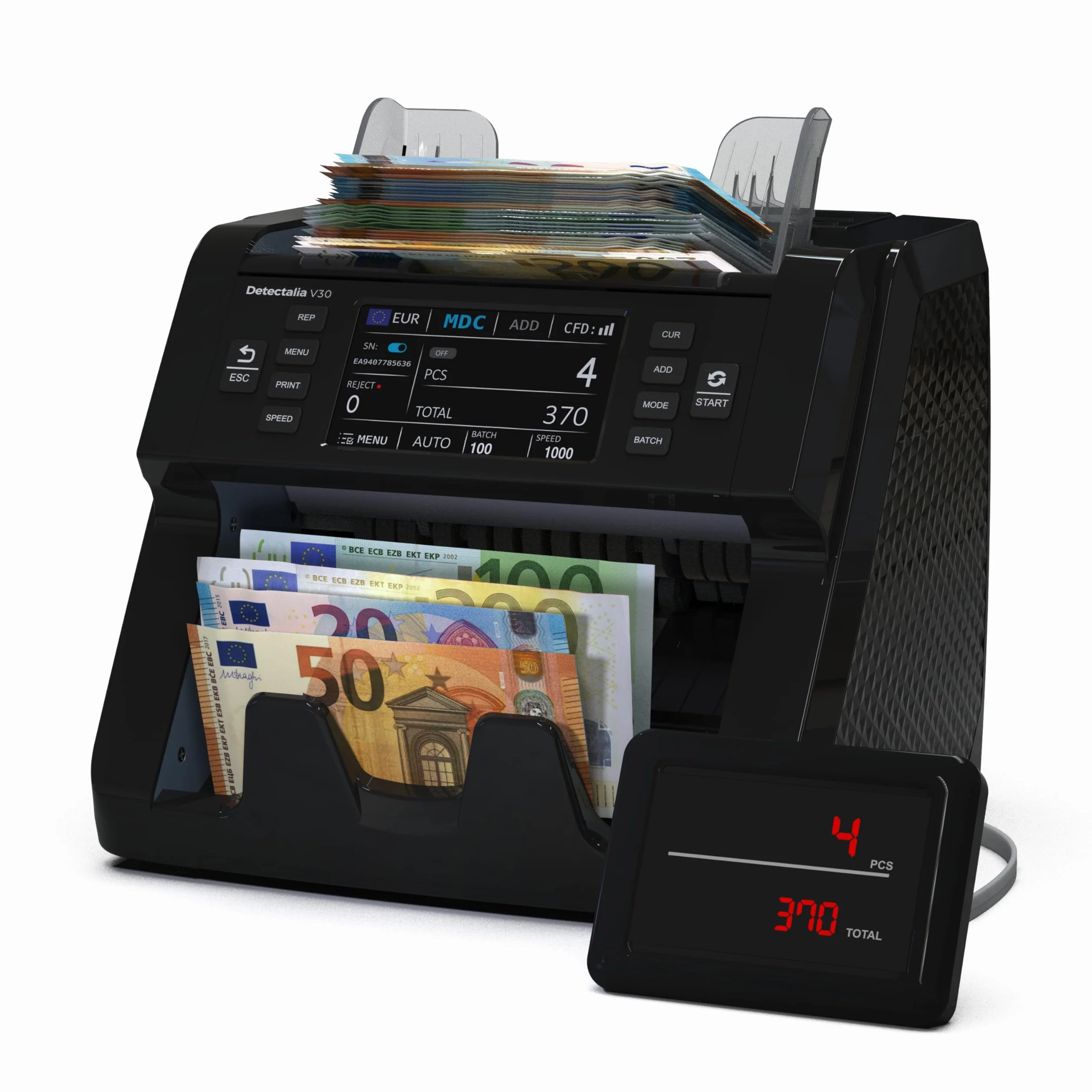 Detectalia V30 Contador de Billetes Detector Falsos Doble CIS Pantalla Táctil 4.5" Multidivisa 1200 Billetes/Minuto USB