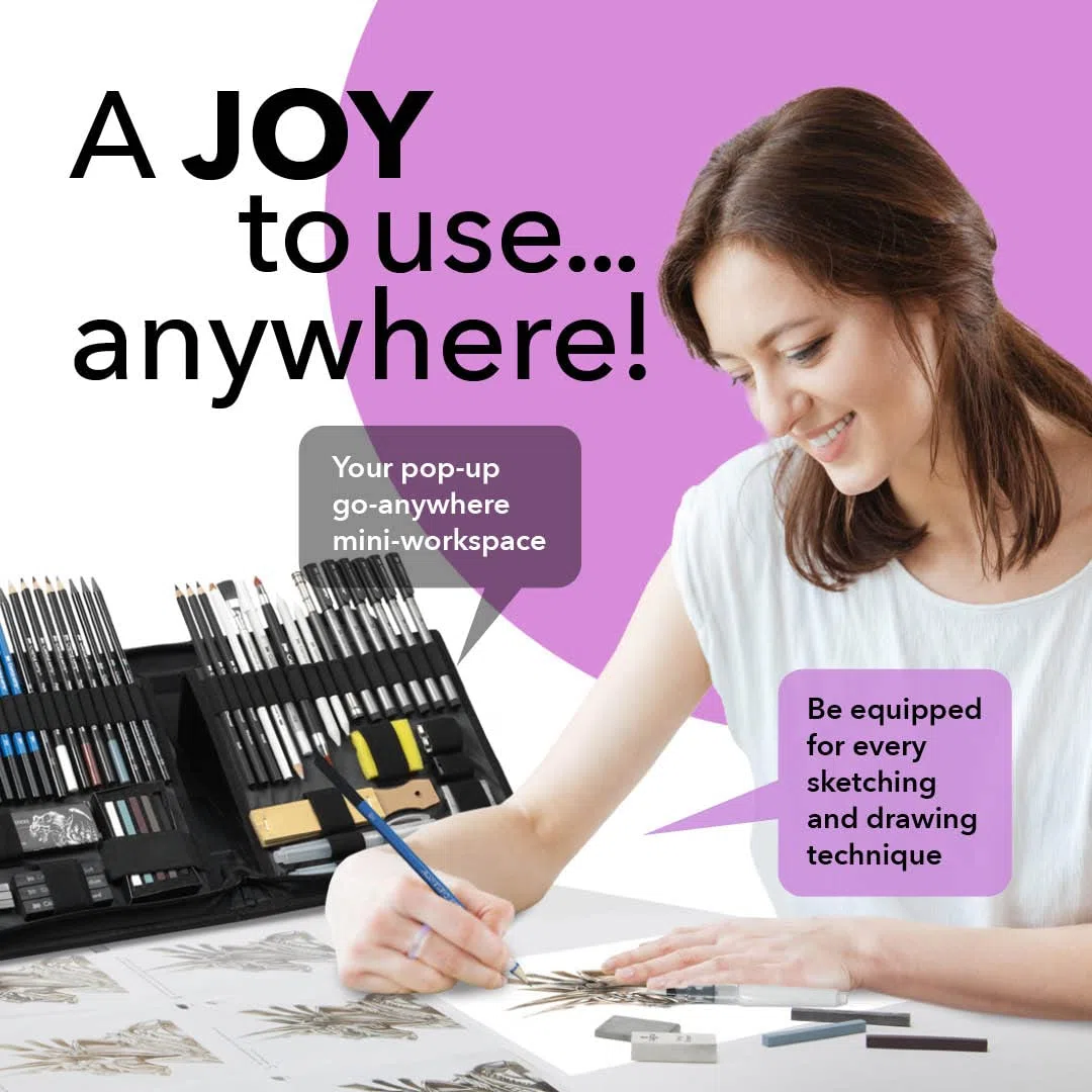Castle Art Supplies Estuche 60 Uds. Dibujo y Esbozo | Lápices+Barras de Grafito, Carboncillo, Pastel, Solubles en Agua, Rotuladores Punta Fibra | Artistas y Profesionales | Estuche Portátil Cremallera