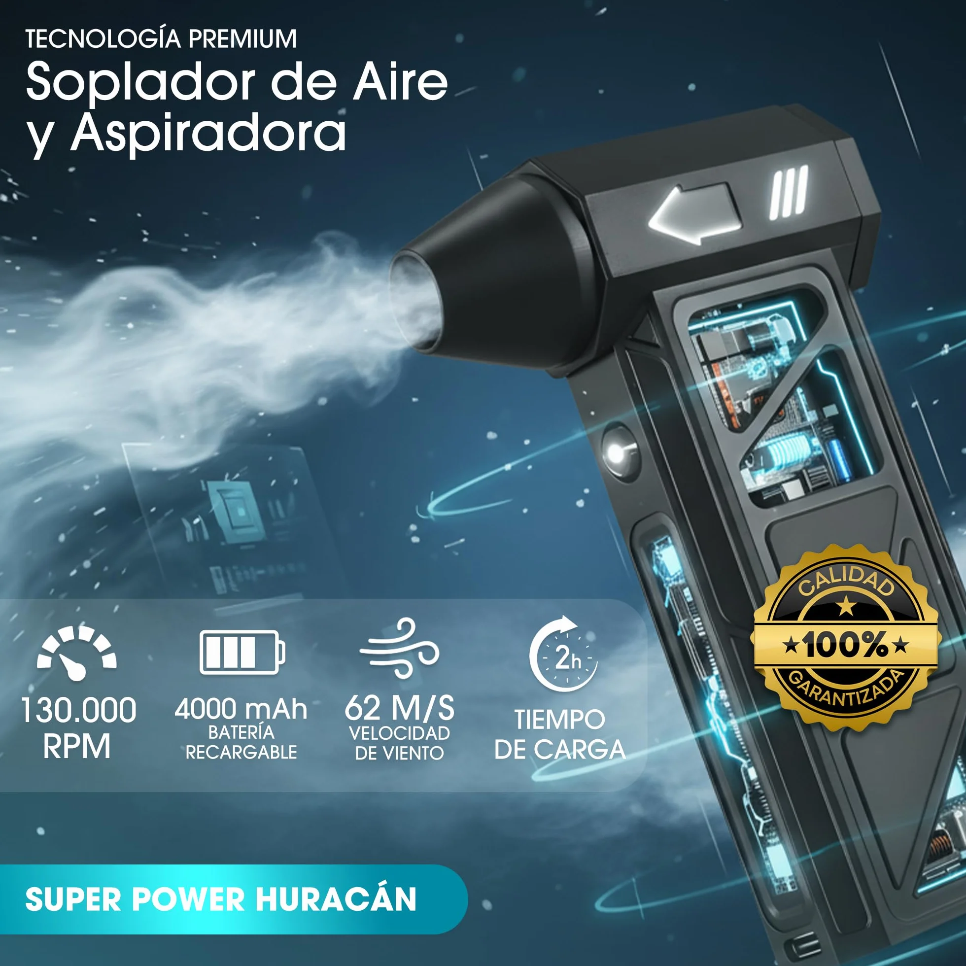 Soplador de Aire Eléctrico 2 en 1, 130000 RPM, 4000 mAh, con Luz LED para Limpieza de PC y Coche